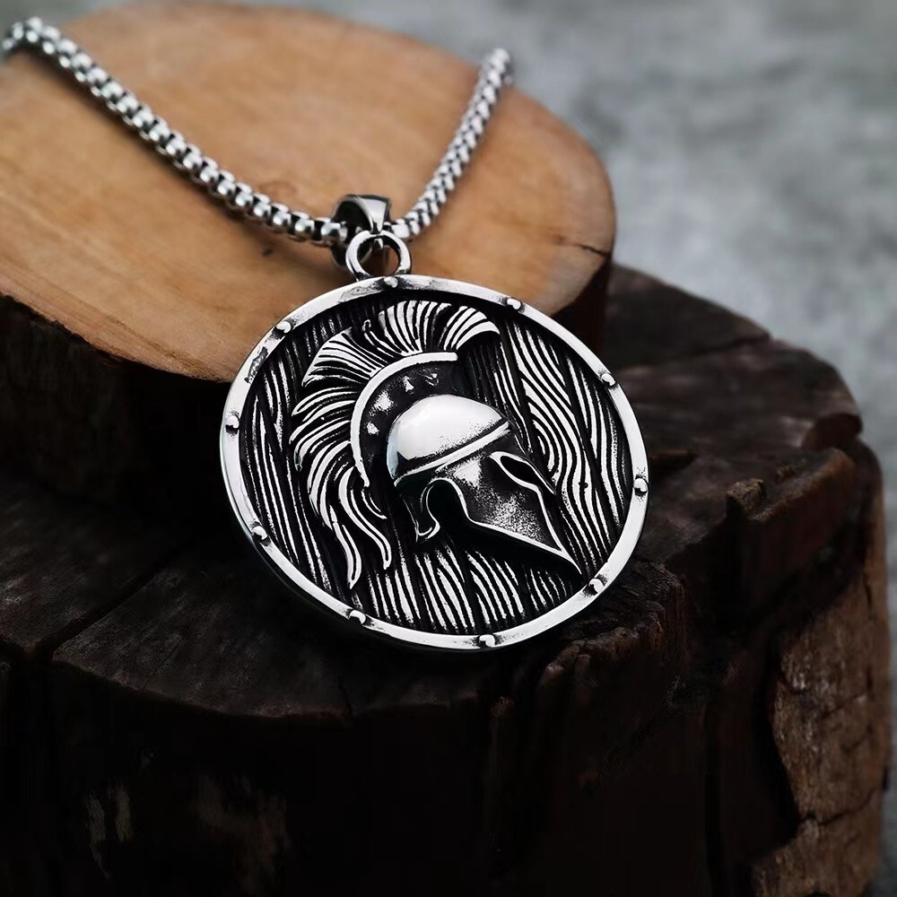 Men Greek Spartan Warrior Helmet Pendant Necklace Chain Stainless Steel Jewelry