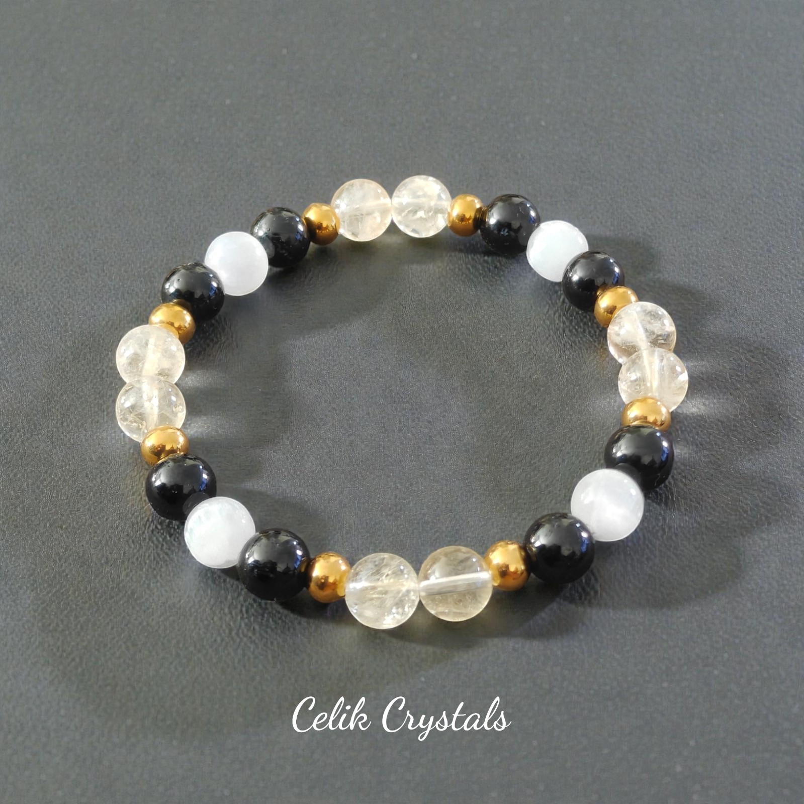 Citrine Selenite Black Tourmaline, Gold Plated Stainless Steel Spacers Bracelet