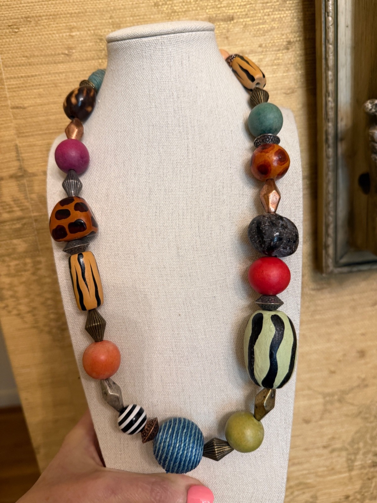 Chicos Chunky Boho Statement Necklace mixed media wood metal tribal safari
