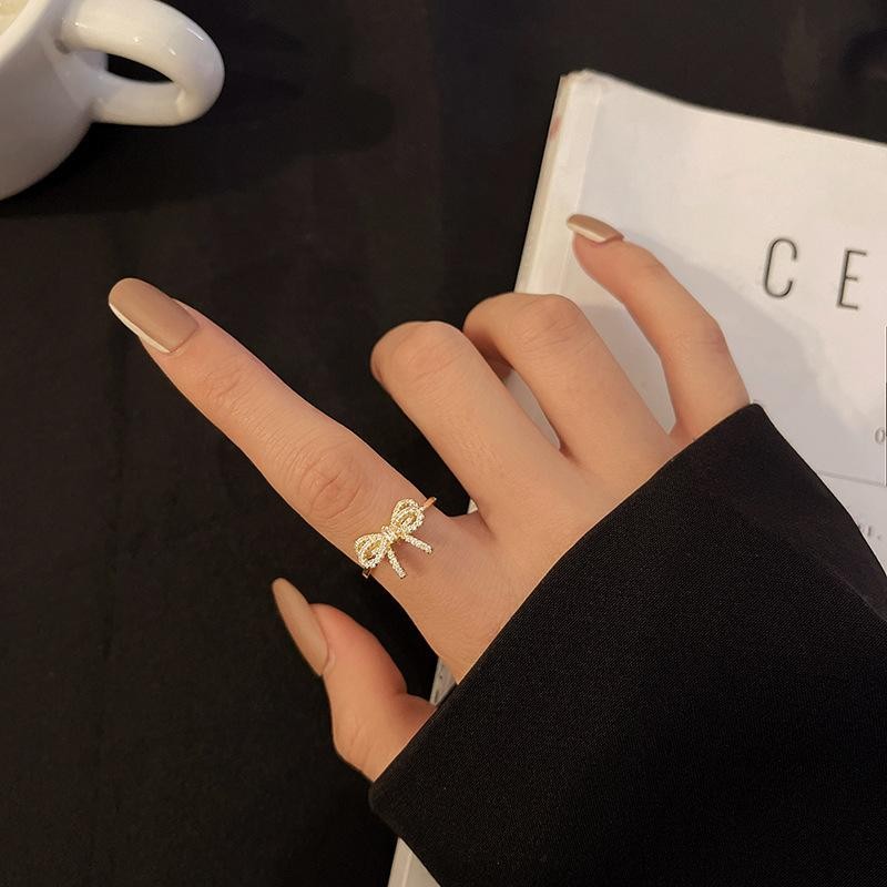 Minimalist Bow Knot Open Ring Crystal Zirconia Gold Silver Color for Women Gift