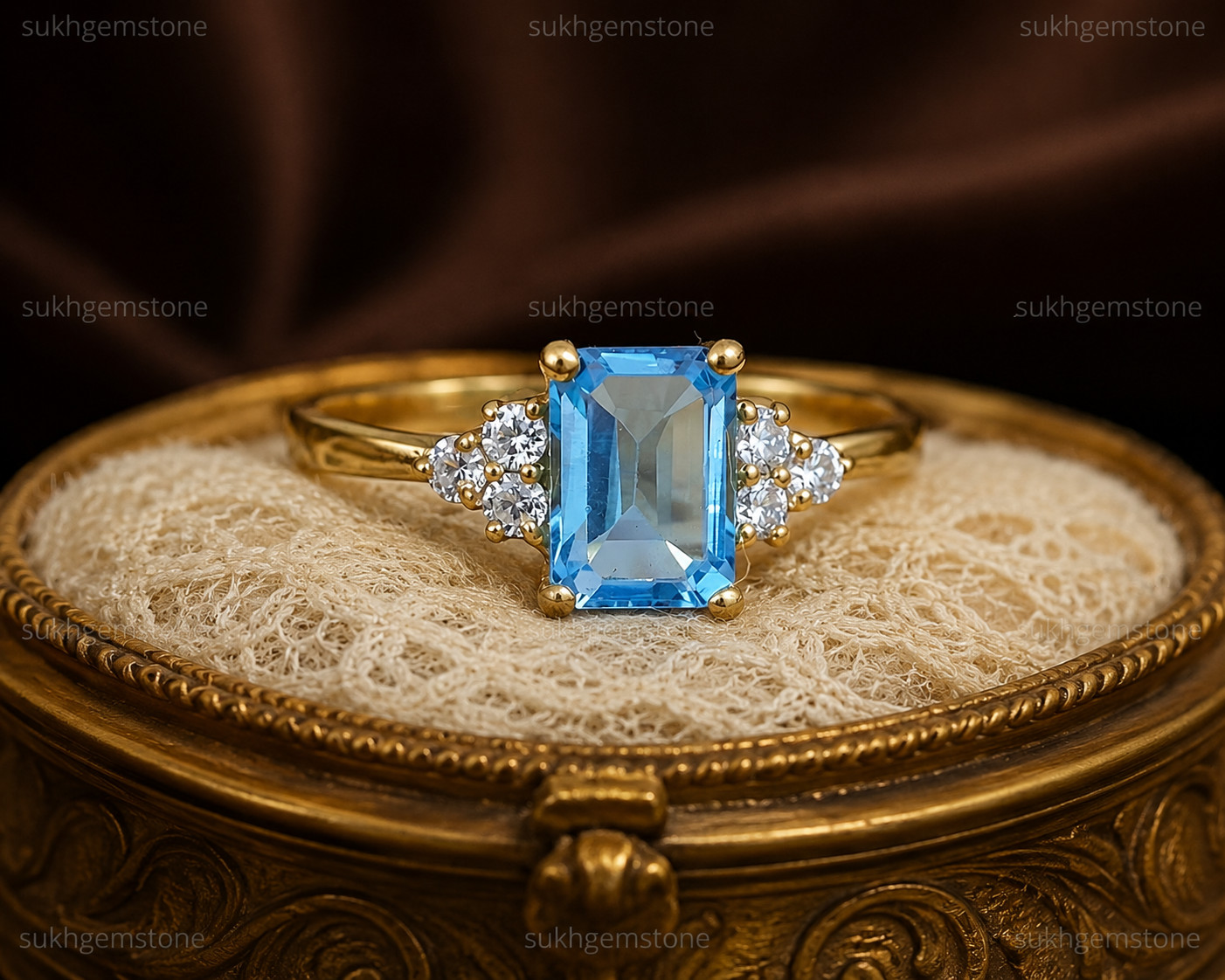 Lab Created Aquamarine Ring, Base Metal: Brass Finish: Gold Plated, Gift For Her