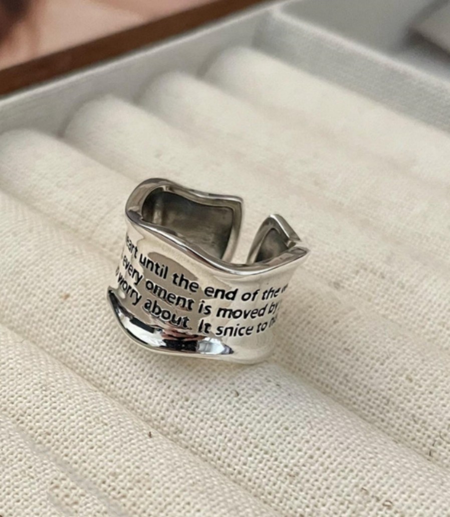Simple Irregular Wave Edge Letter Engraving Fashion Silver Plated Open Ring