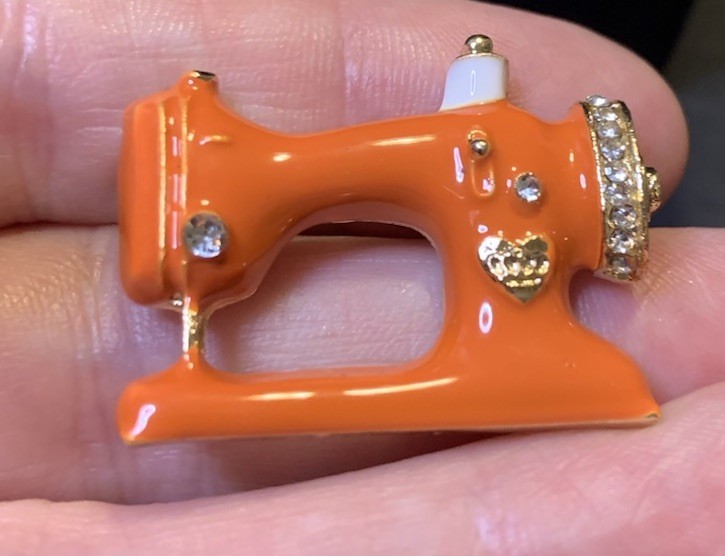 Orange Enamel Crystal Sewing Machine Brooch Pin Craft Lover