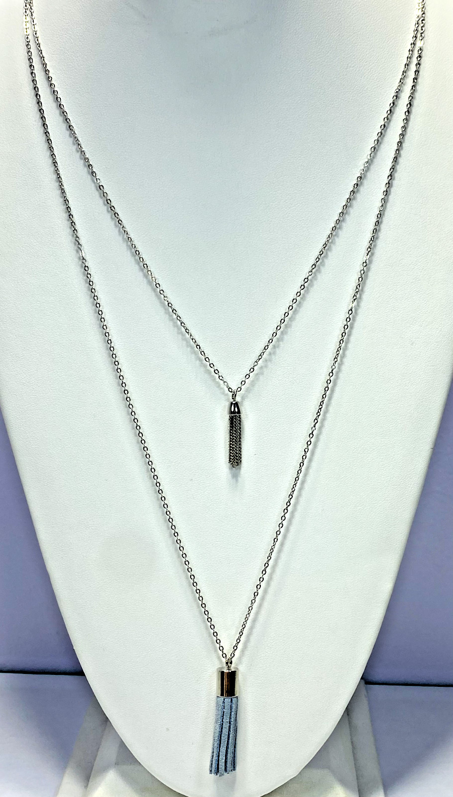 Vince Camuto Silver Tone Blue Leather Tassel Layered Necklace, 30″, NWT