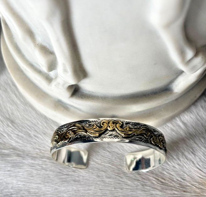 Western Womens Bracelet 6 3/8 x 1/2 in Band Silver Gold Cuff Cowboy Adjust