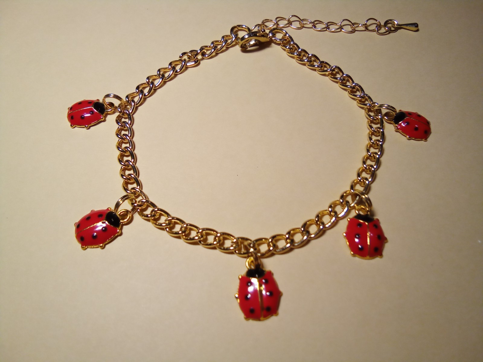 Ladybug Bracelet Gold tone chain 5 red black enamel charms ext chain Summer CUTE