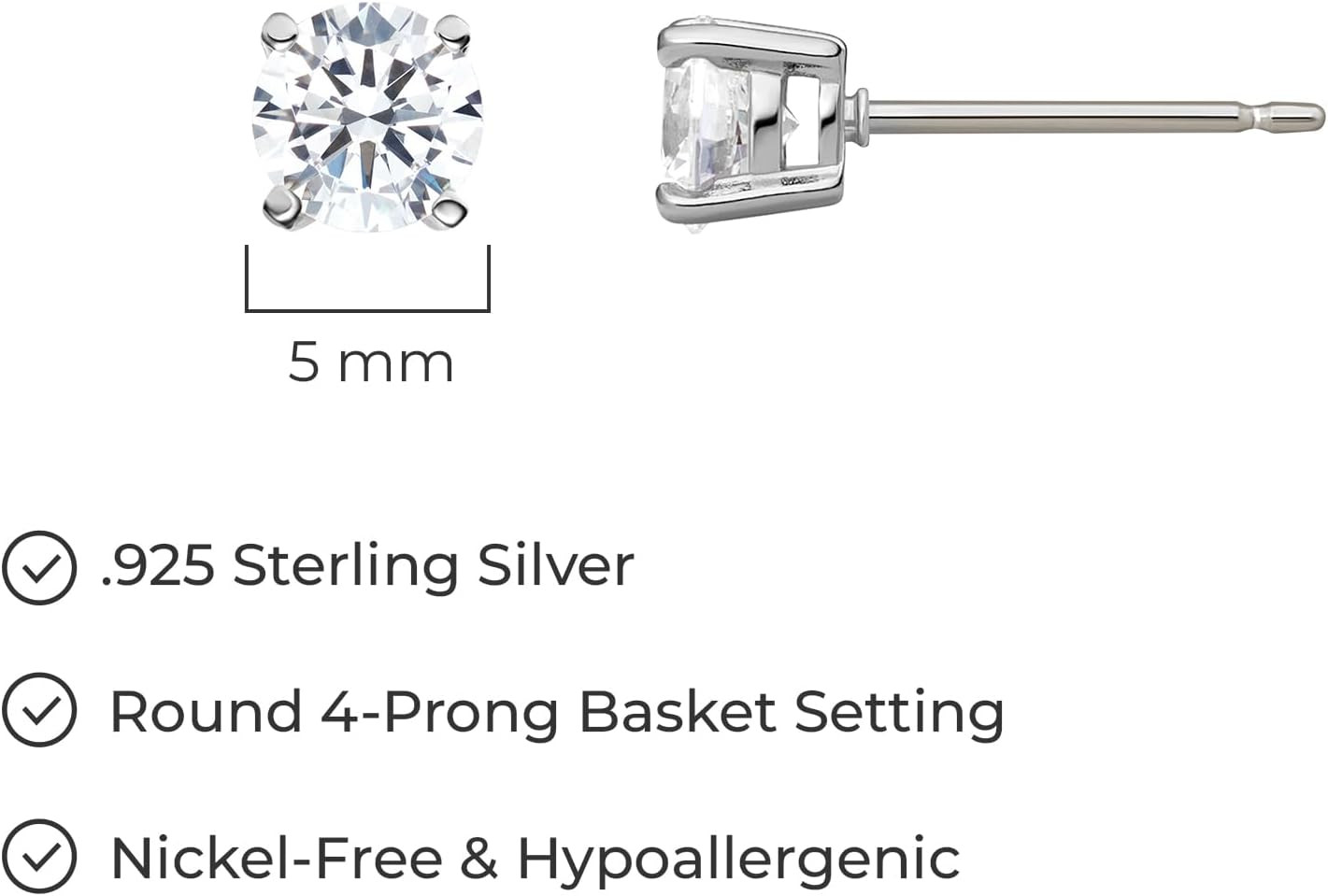 Plated Sterling Silver Cubic Zirconia Stud Earrings (Round & Princess)