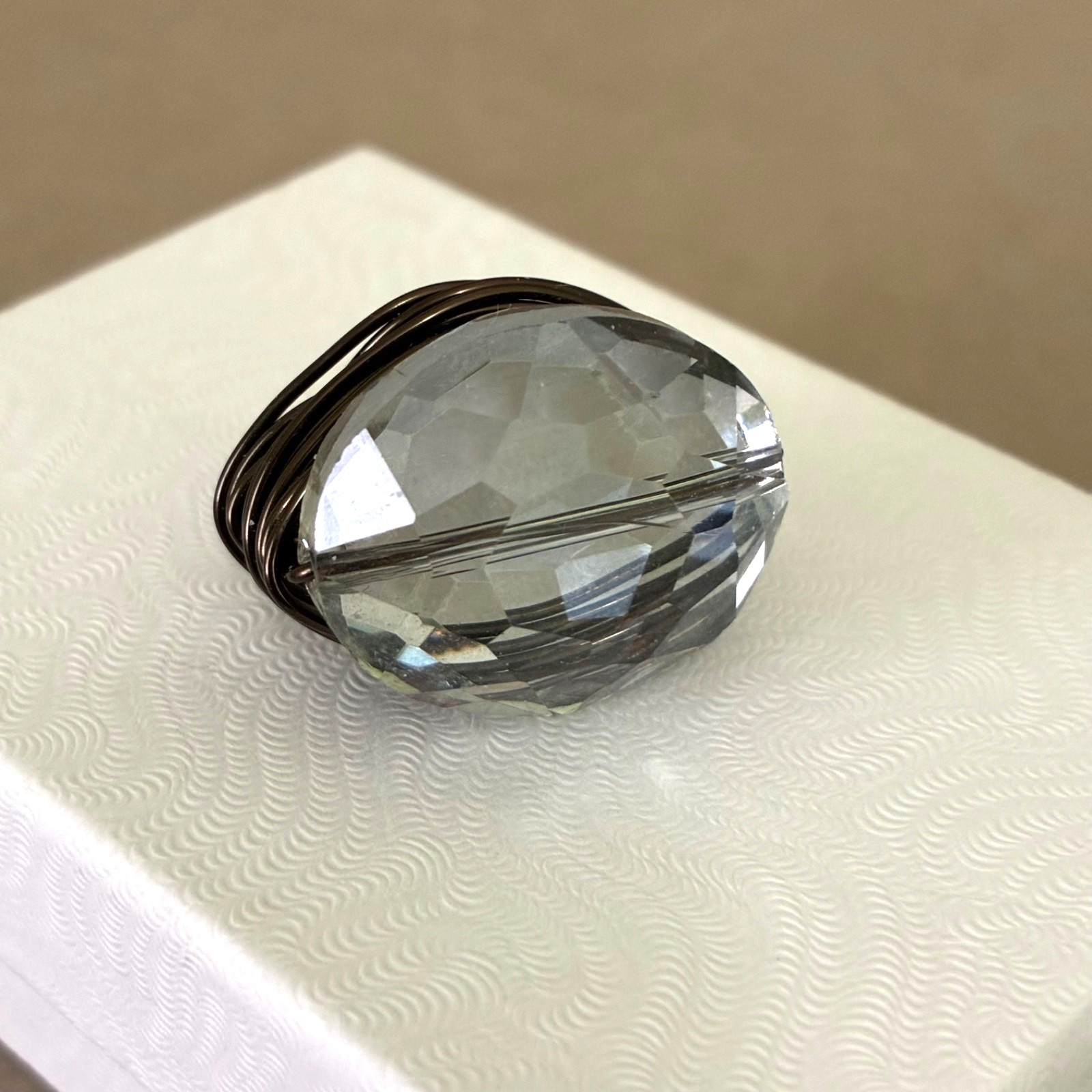 Artisan Smoky Grey Oval Faceted Glass Bead & Wrapped Bronze Wire Ring ~ Size 7-8