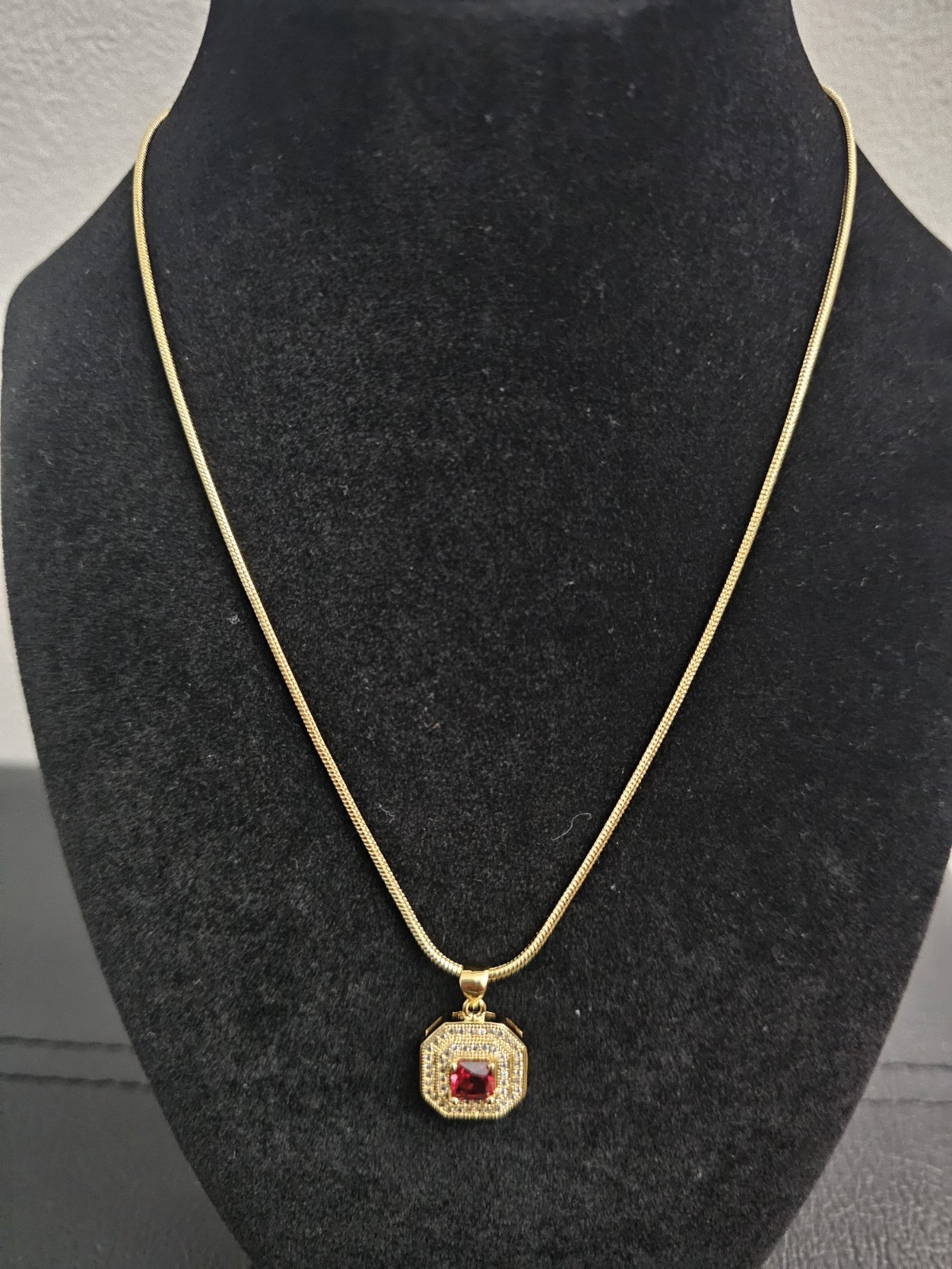 18in.14k Gold Plated on brass-1.4mm THIN SnakeNecklace Octagon Pendant Red Stone