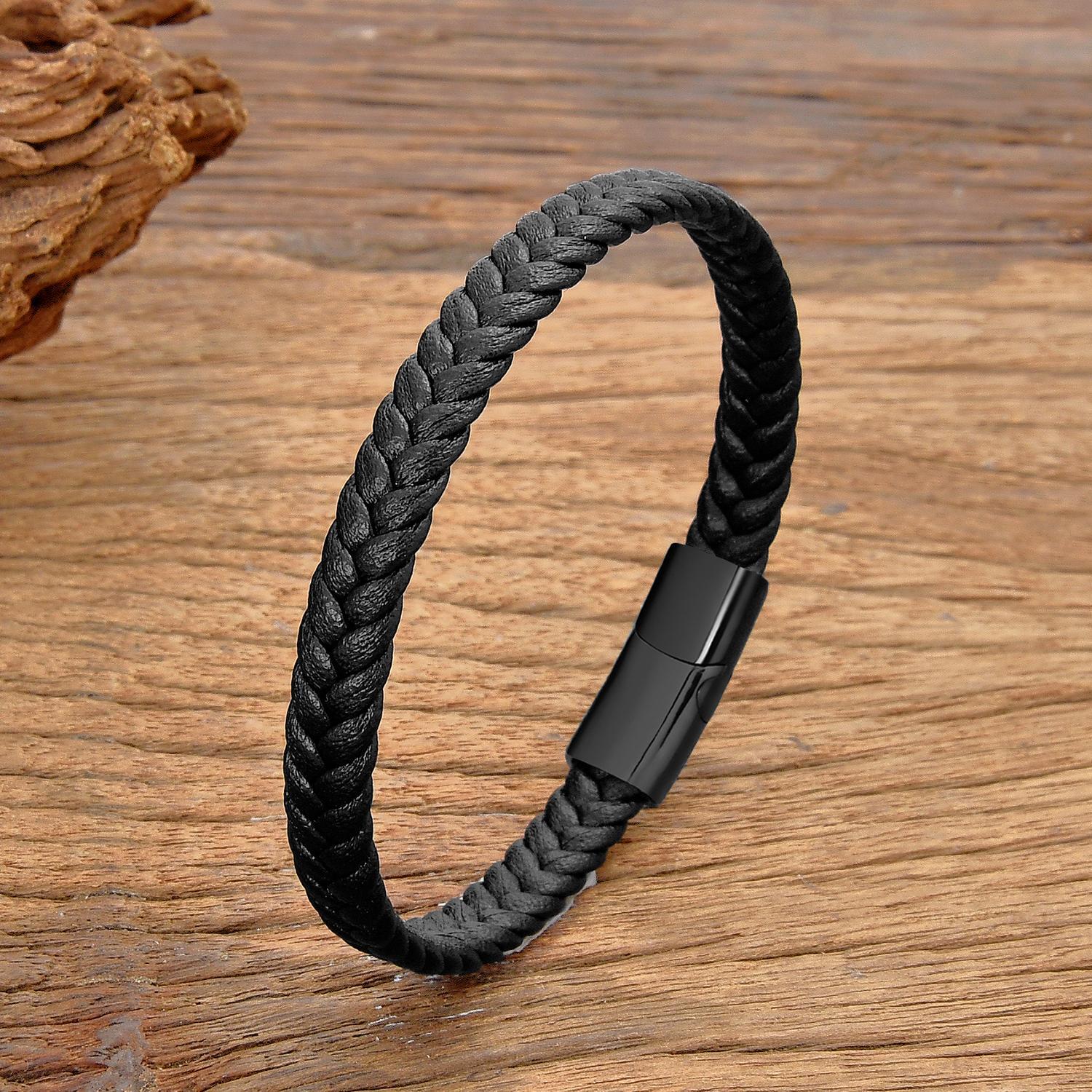 Simple Classic Stainless Steel Bracelet for Women & Men, Braided Leather Bangle