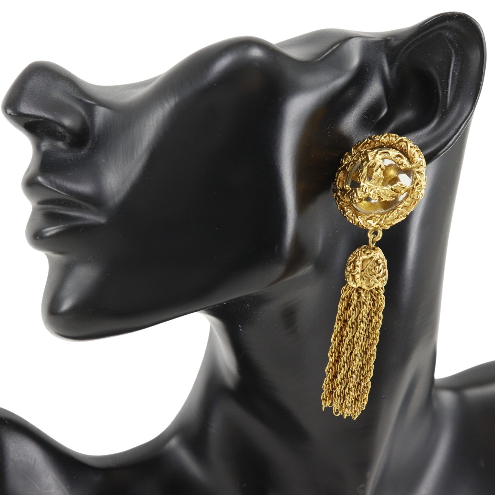 CHANEL COCO Mark Earring Fringe Tassel Chain vintage Plated Gold 50.6g Women