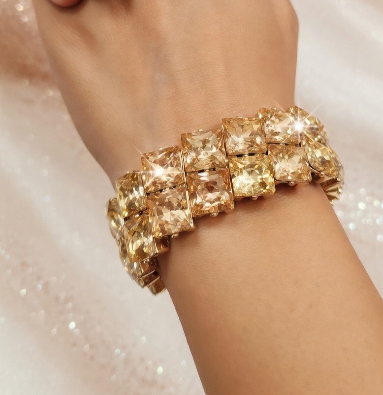 Topaz Gold Rhinestone Stretch Bracelet Statement Drag Pageant Prom Bridal