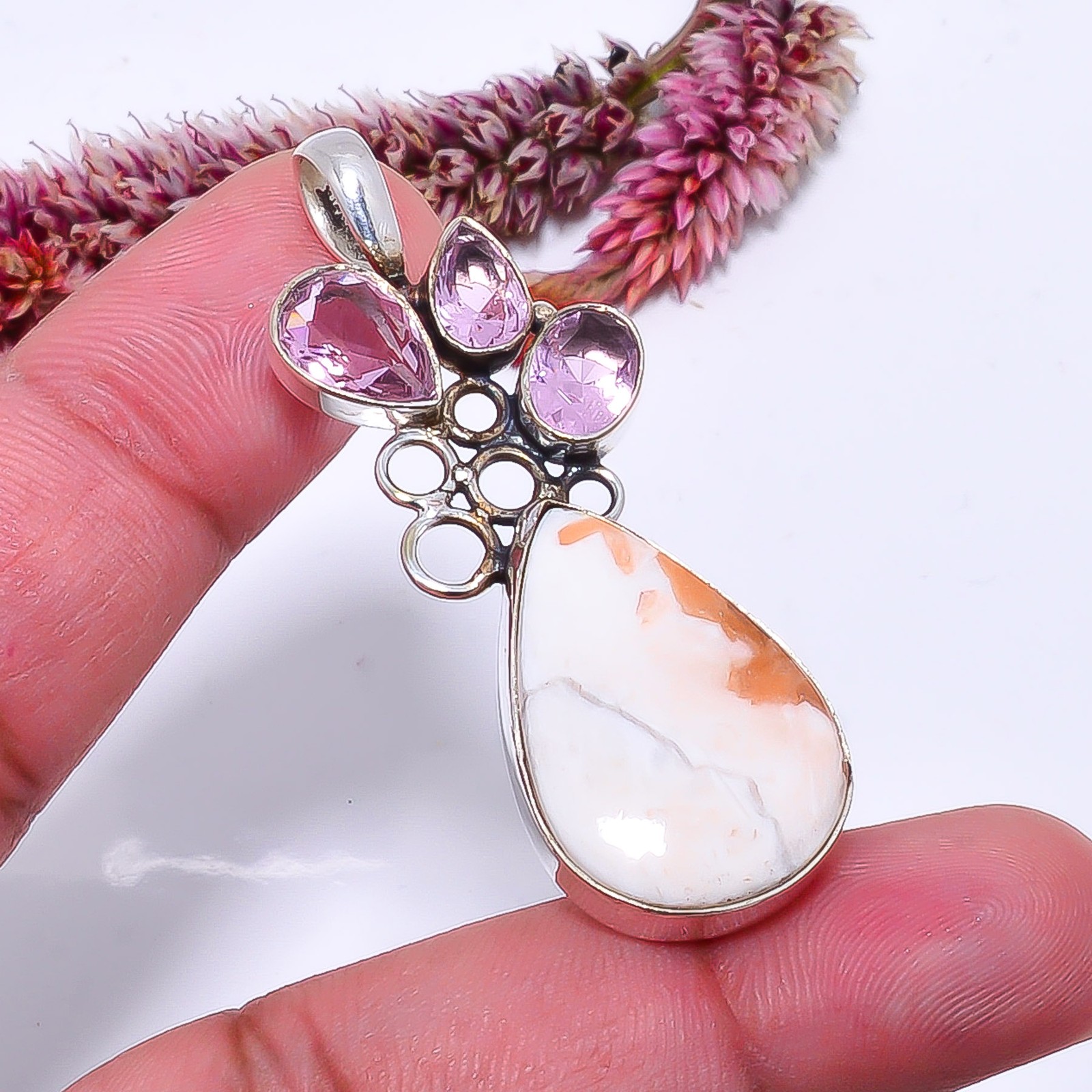 Orange Scolecite & Pink Kunzite Handmade 925 Sterling Silver Pendant 1.95″ P42