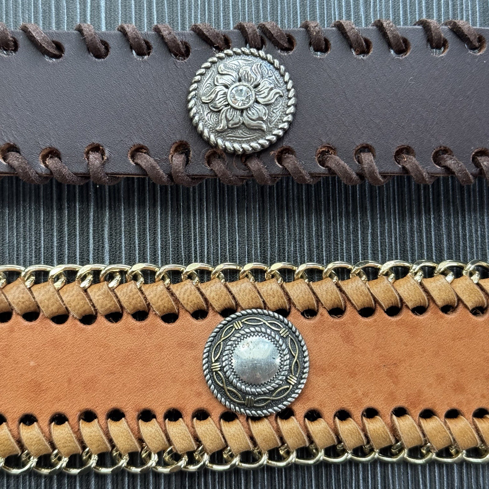 Lot of 2 Vegan Leather Cuff Bracelets Dark and Light Brown Snap Closure Boho