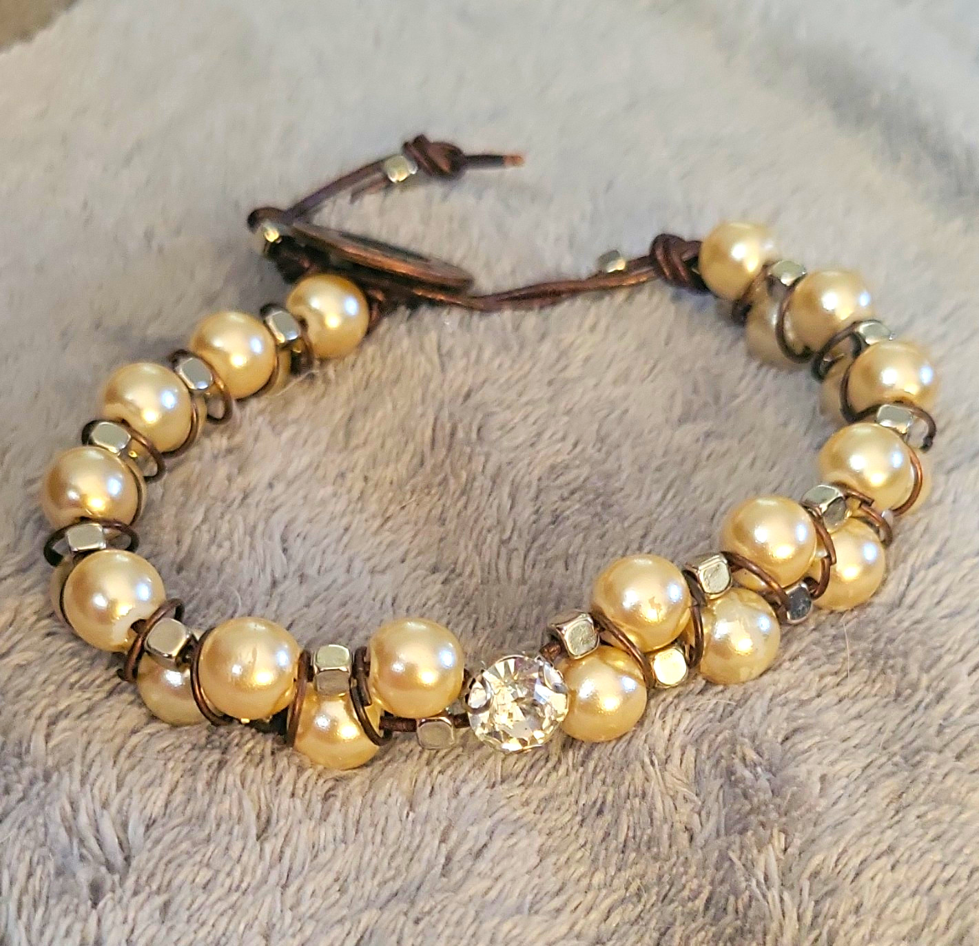 Willamy Beaded Cord Bracelet Cream Pearl Crystal Accent Signed Brown