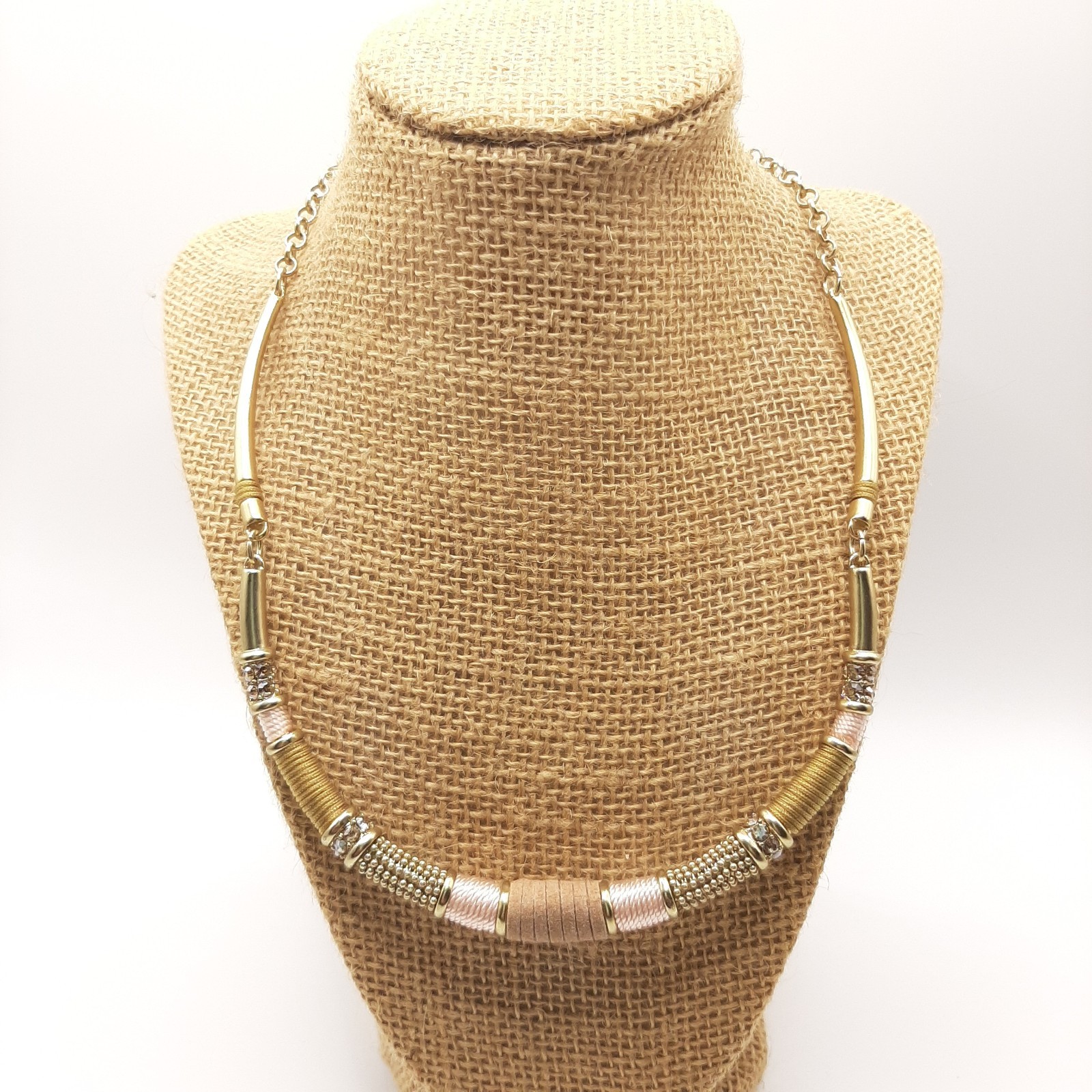 Chico’s Gold Tone Metal Pink Brown Neutral Mixed Material Statement Necklace