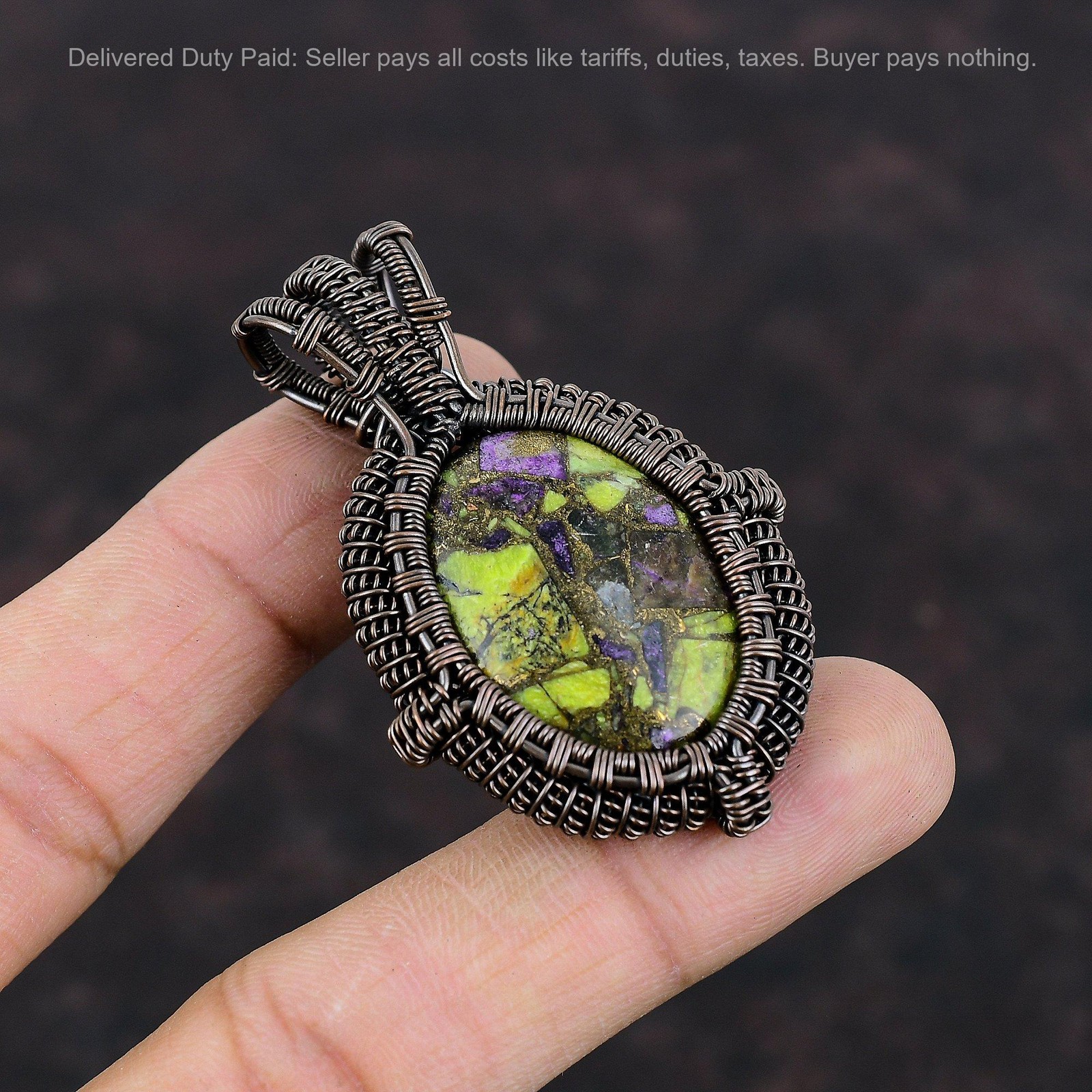 Copper Oval Copper Stichtite Stone Anniversary Wire Wrapped Artisan Wife Pendant