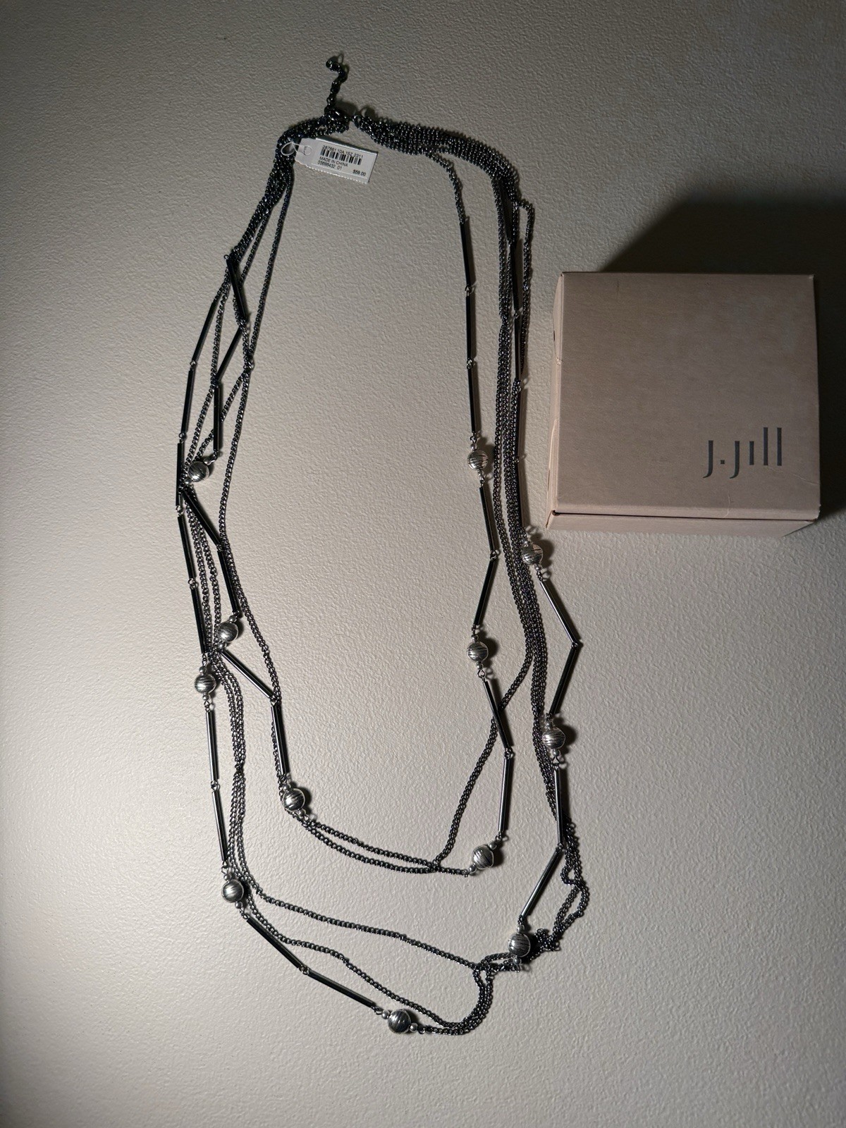 J Jill Silver Beaded Necklace Layered Cascade Adjustable Cord Statement Artisan