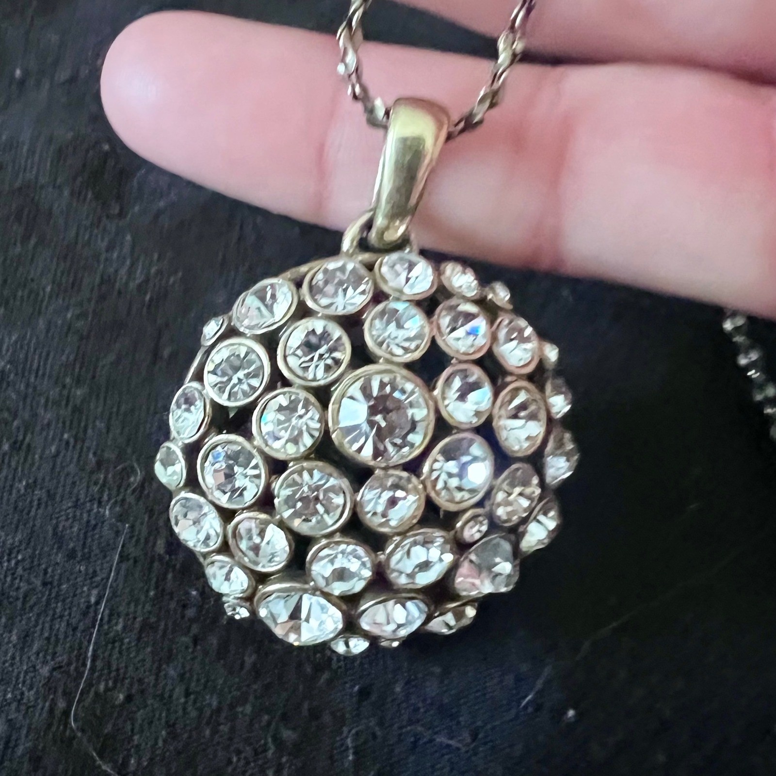 VTG Kiam Family Reversible Crystal Filigree Orb Pendant Necklace Antique Gold