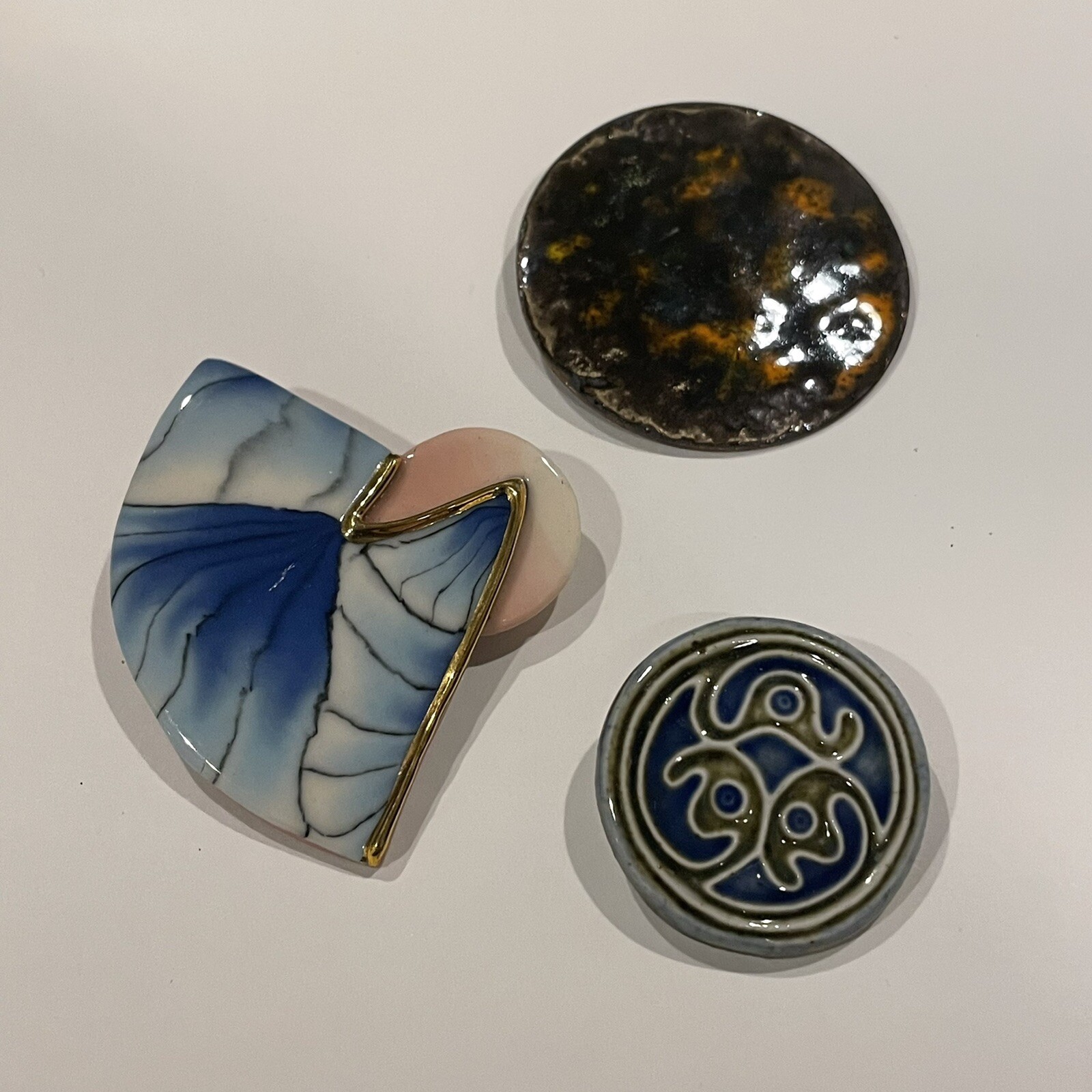 Lot Of 3 Handmade Handcrafted Brooch Pins Ceramic / Enameled Metal Etc
