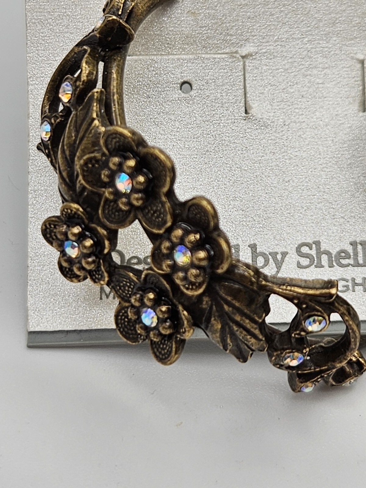 Sweet Romance Antiqued Brass AB Crystals Floral Hoop Earrings Made in USA