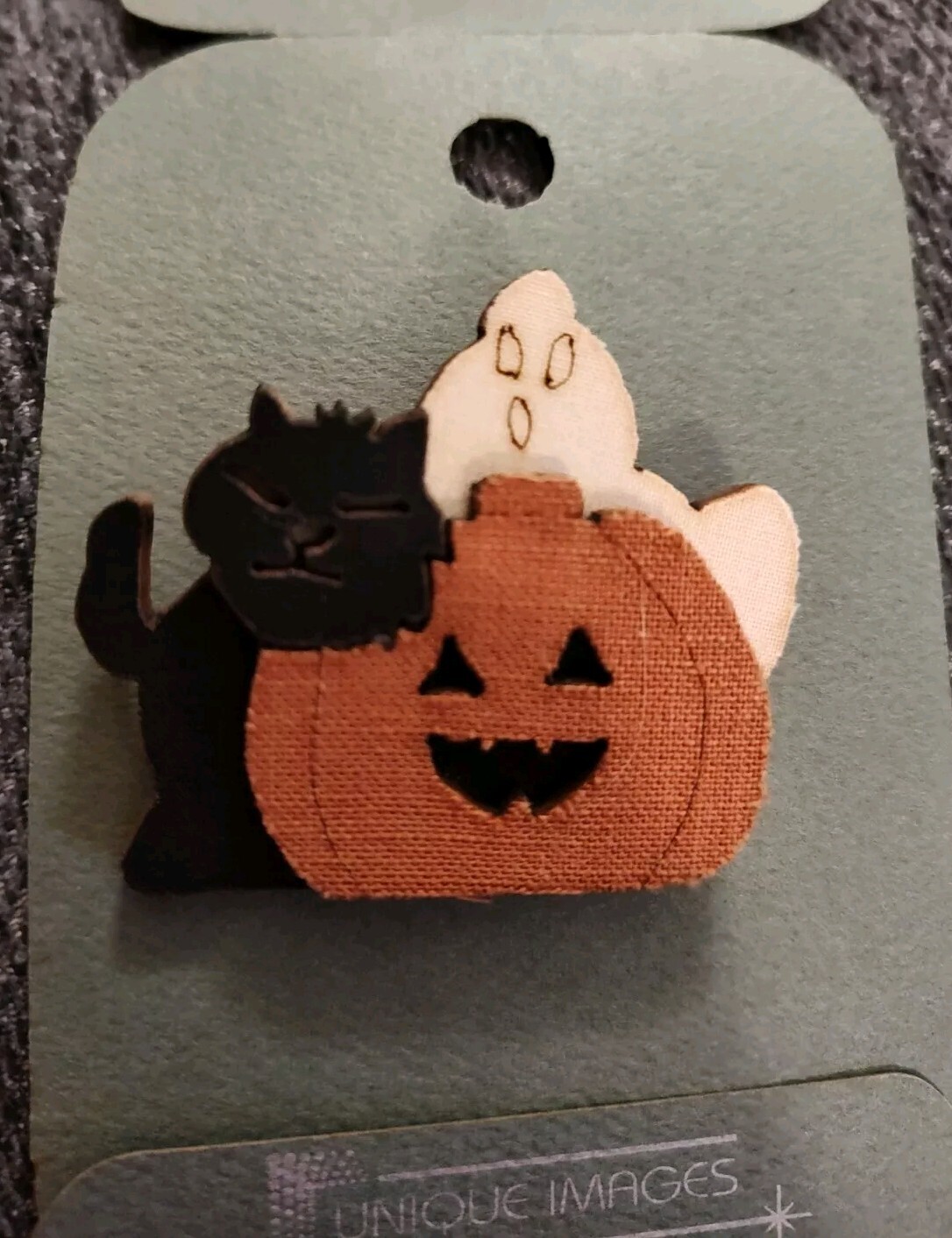 Unique Images 3D Wood & Fabric Ghost Black Cat Jack O Lantern Halloween Pin
