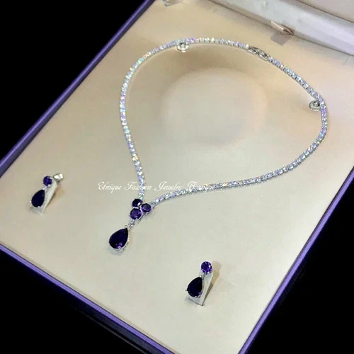 18k White Gold Filled Purple Amethyst Tennis Necklace Earrings Set Elegant Gift