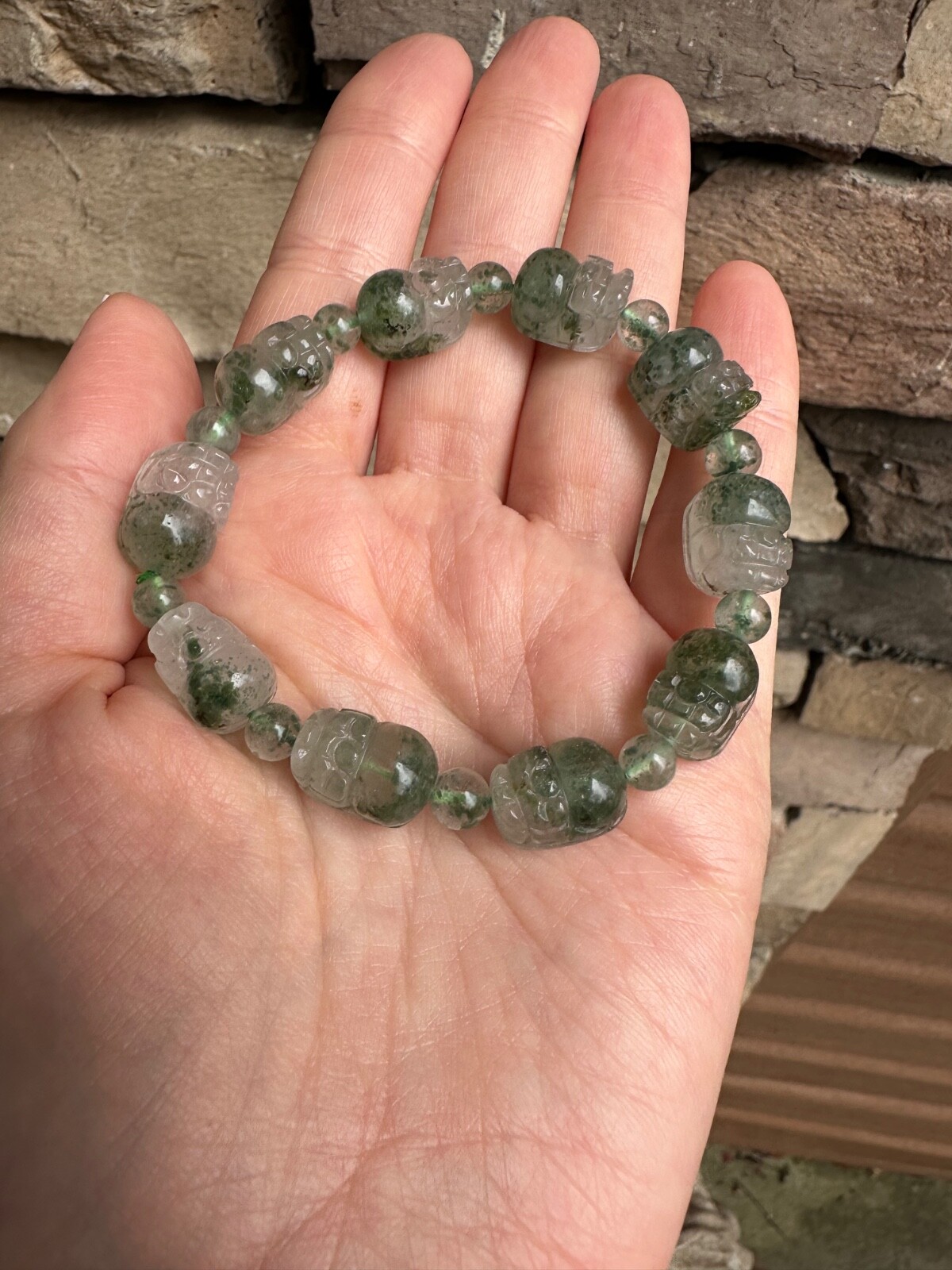Moss Agate Bracelet Carved Pixiu Artisan Handcrafted