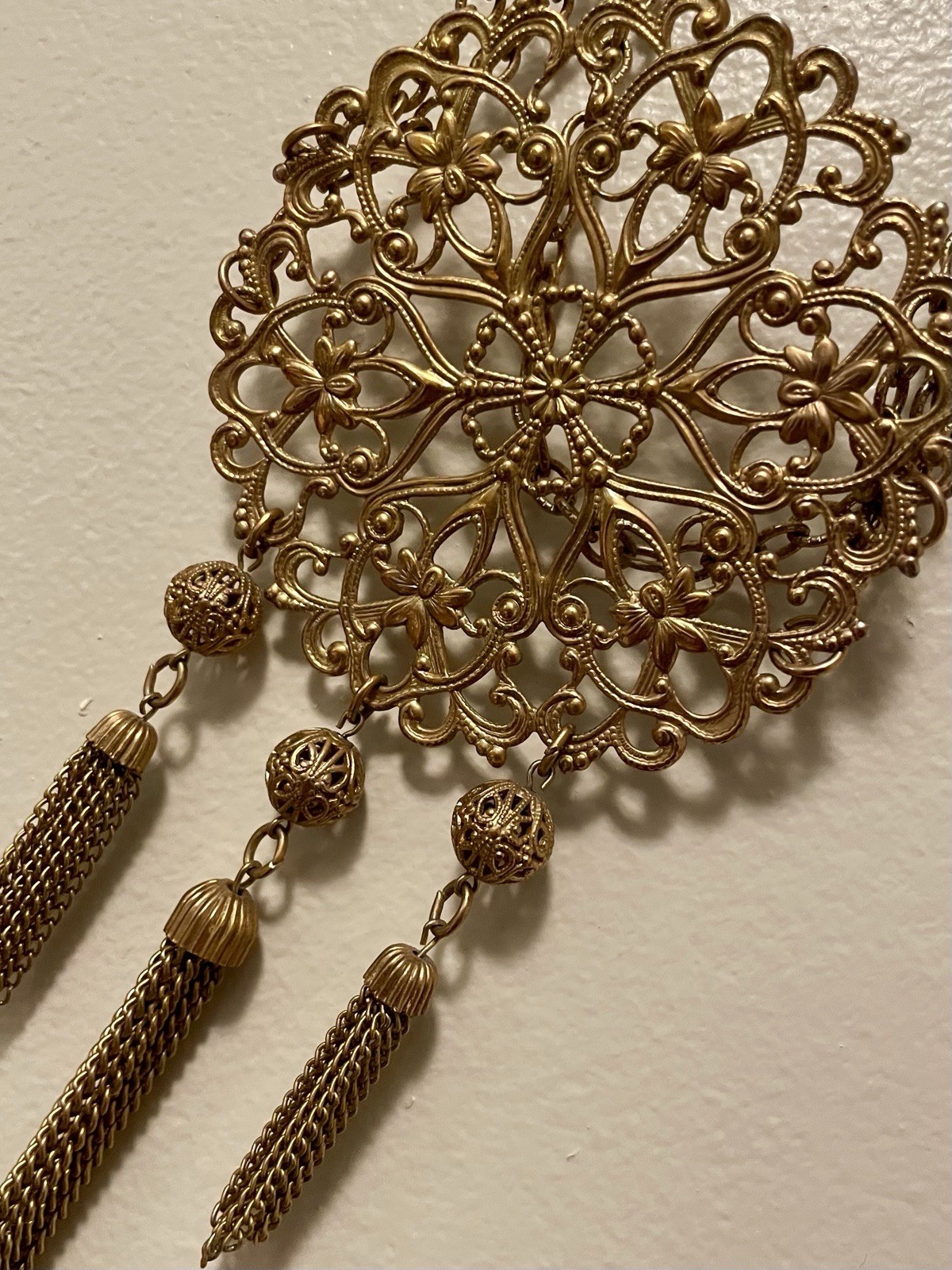 Unique Gold Tone Filigree Medallion Pendant Necklace w Tassel Fringe Boho 24”