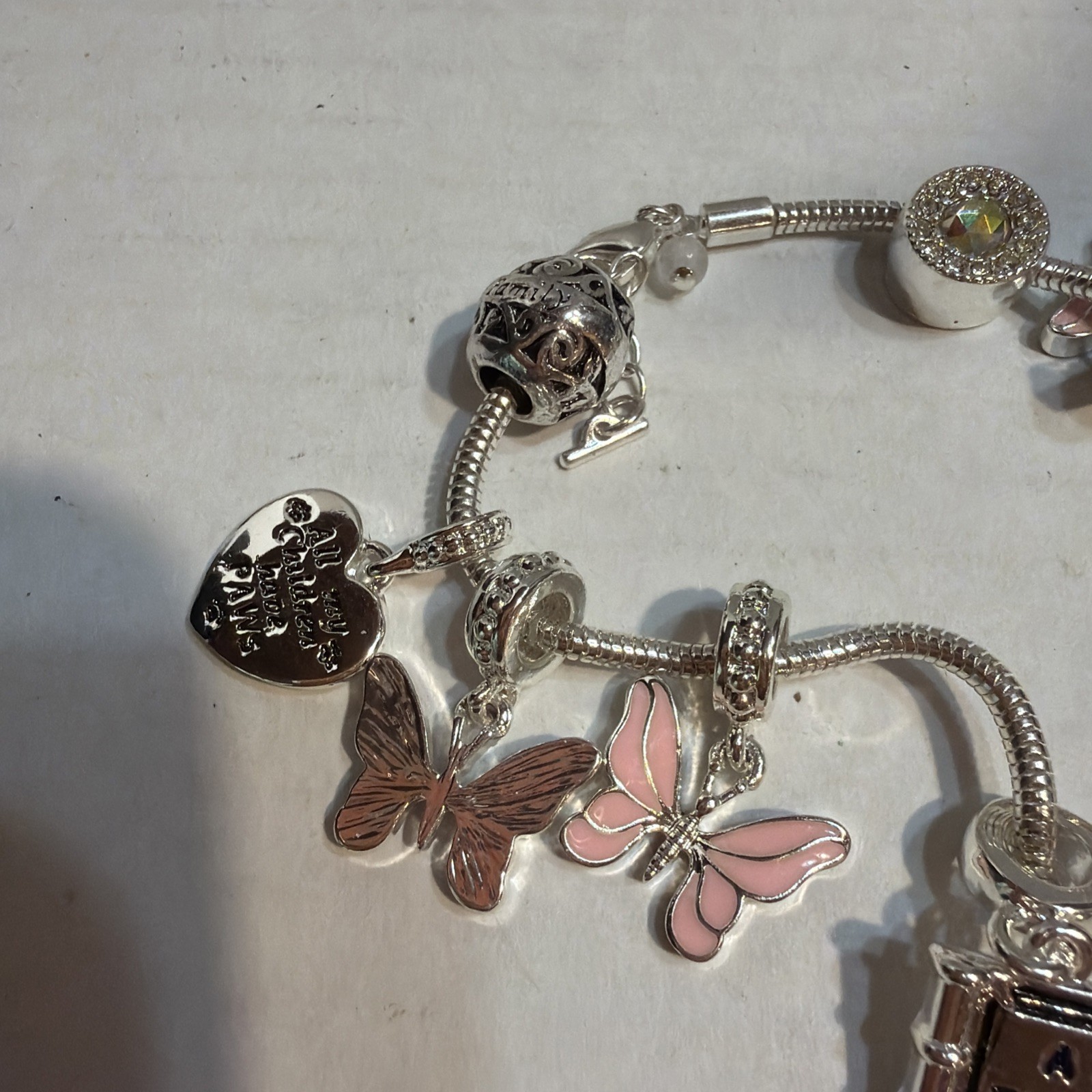 Avon Silver Tone Starter Charm Bracelet Hearts Butterfly More Free Ship 3B