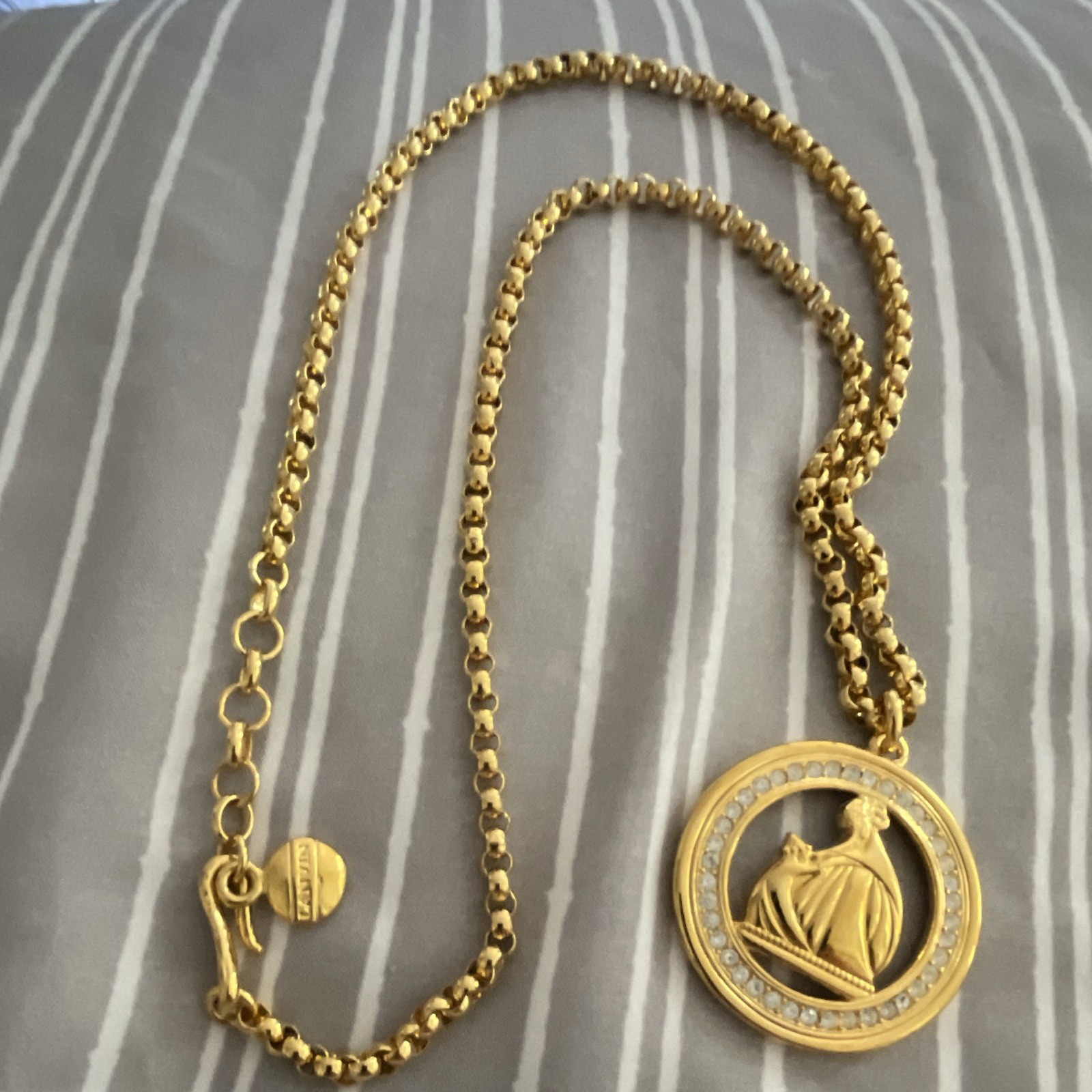 LANVIN Signed Gold Tone Ball Chain Round Clear Crystal Pendant Necklace