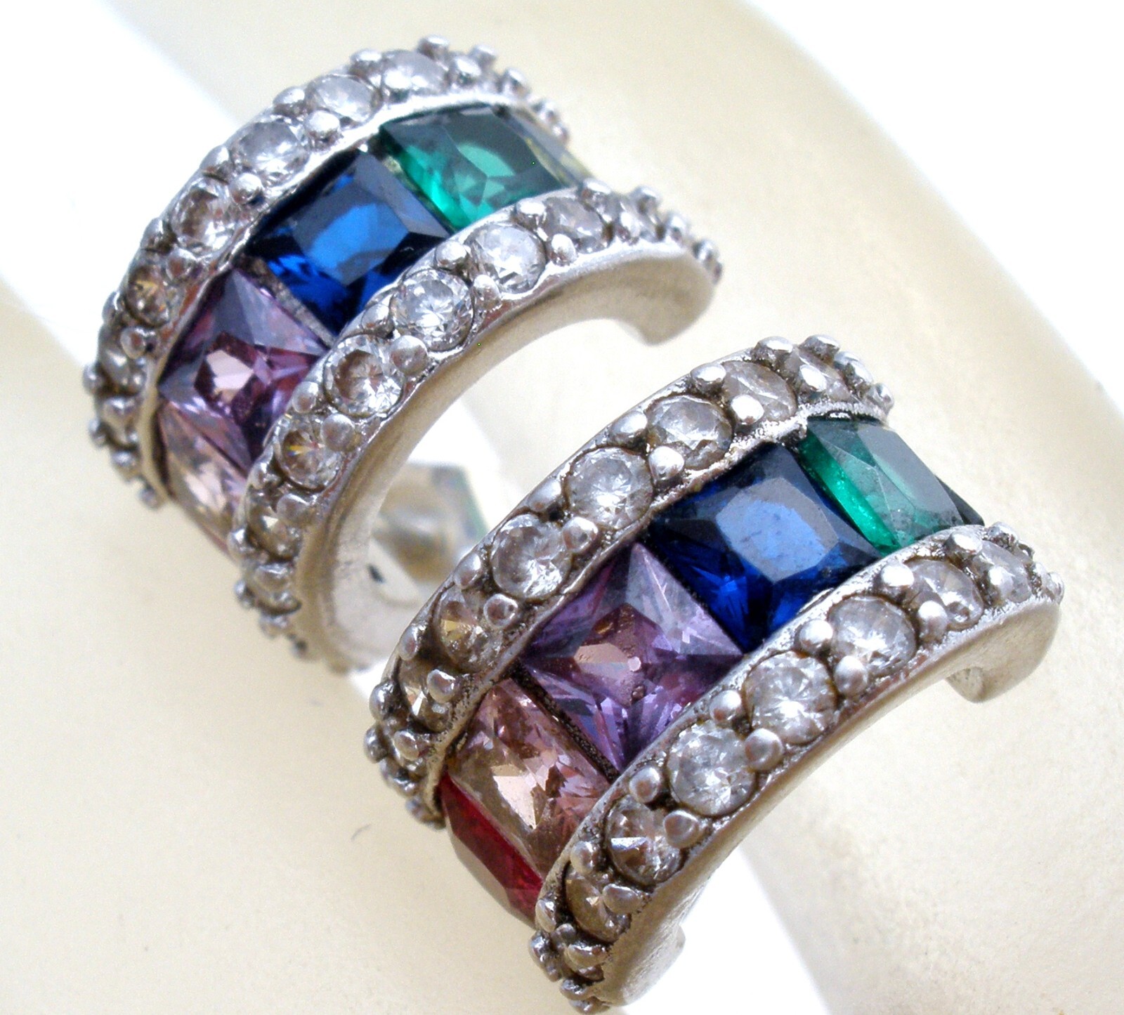 Multi Color Cubic Zirconia Hoop Earrings Sterling Silver Half Hoops Post 925 BSI