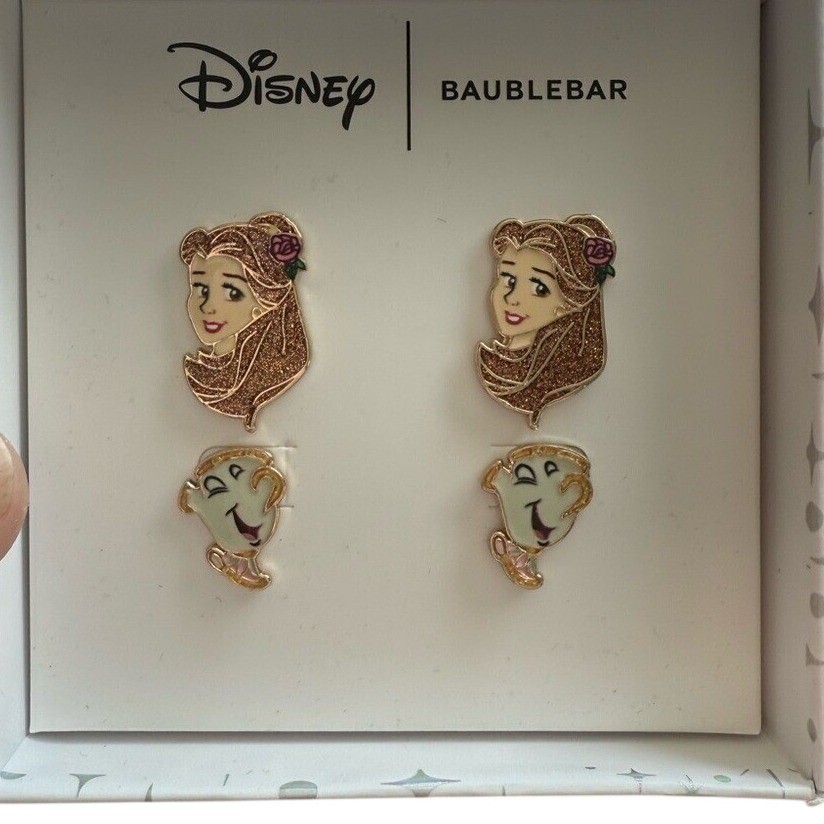 Disney BaubleBar Beauty and the Beast Belle Chip Earring Set Gold Tone Enamel