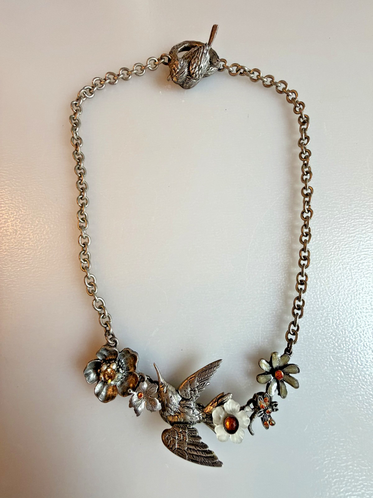 COOL Mary Demarco La Contessa Rhinestone Bird Bird’s nest Floral Necklace 16″