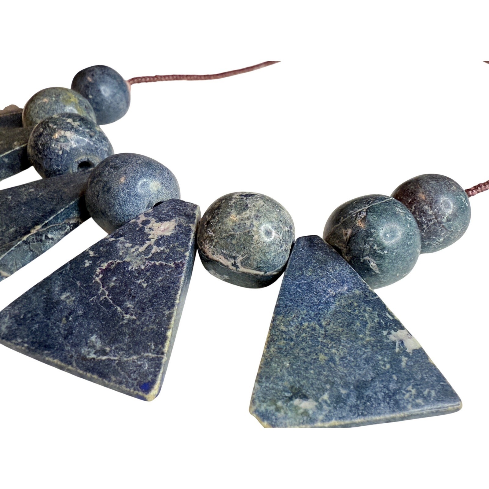 Chunky Blue Stone Geometric Statement Necklace Slab Beaded Barrel Clasp 17″