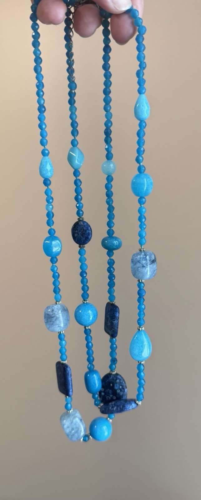 Blue Multi-Strand Round Beaded Layered Statement Necklace, Lobster Clasp