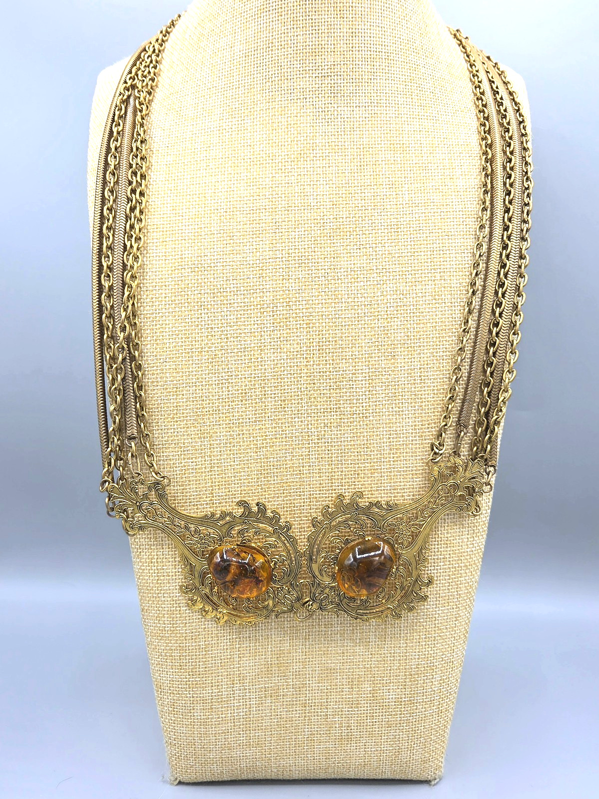 Woloch Paris Signed Couture Gilt Amber Gripoix Glass Chain Belt Necklace 32″
