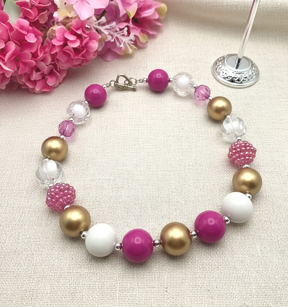 Pink White Gold Bubblegum Bead Necklace 18 In Toggle Heart Clasp 20mm Balls