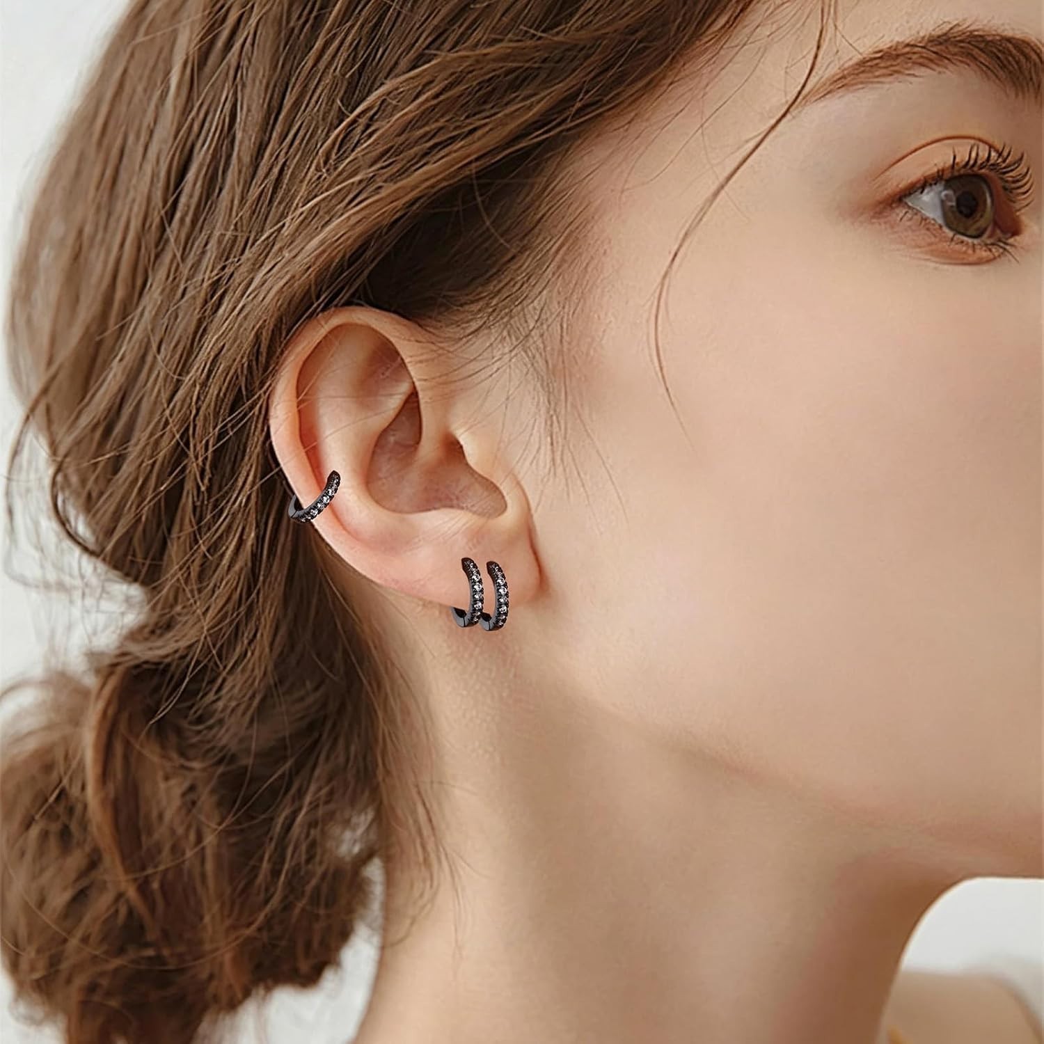 Elegant 3 Pairs Small Black Hoop Earrings with Cubic Zirconia – 8mm, 10mm, 12mm