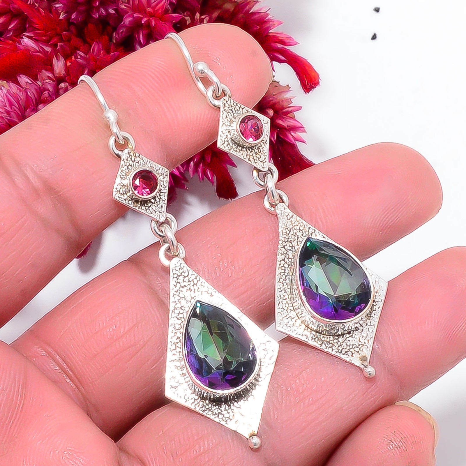 Rainbow Mystic Fire Topaz, Pink Tourmaline 925 Sterling Silver Earring 2.50″ S14