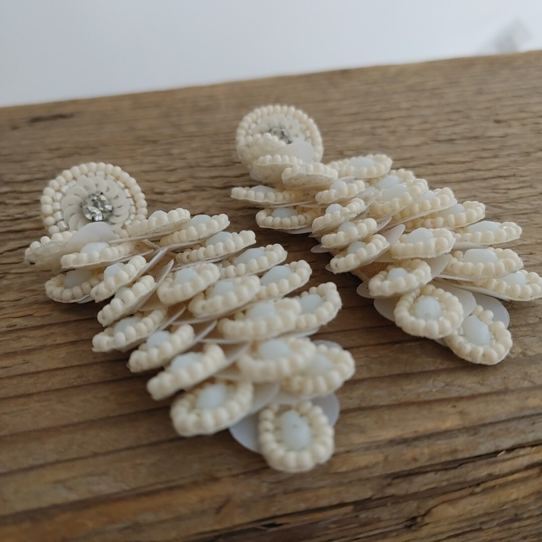 Off White Beaded Statement Earrings Sequins Cascading Teardrops 3″