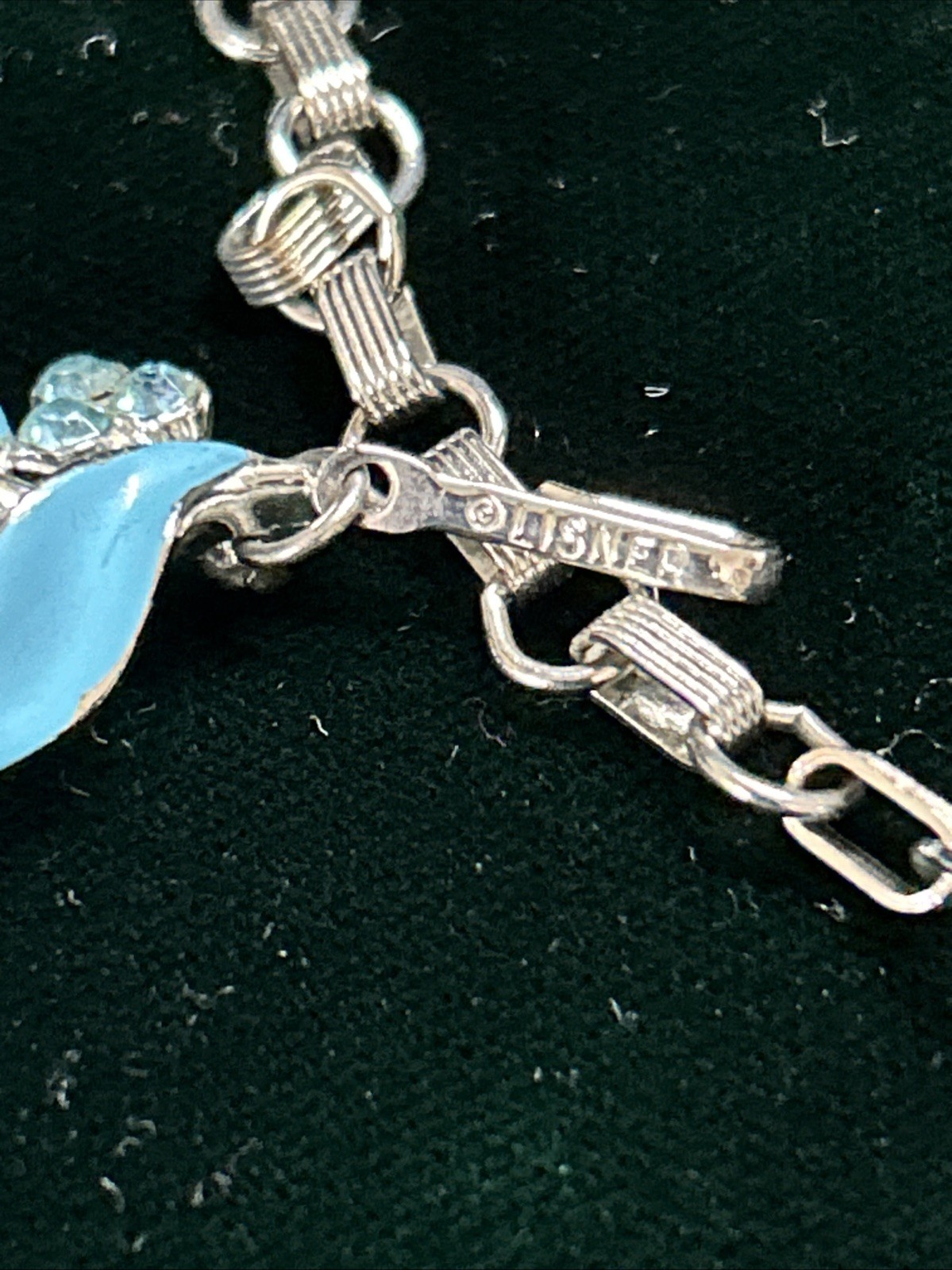 LISNER Aqua Blue Enamel Leaf Choker Necklace Rhinestone Silver Tone