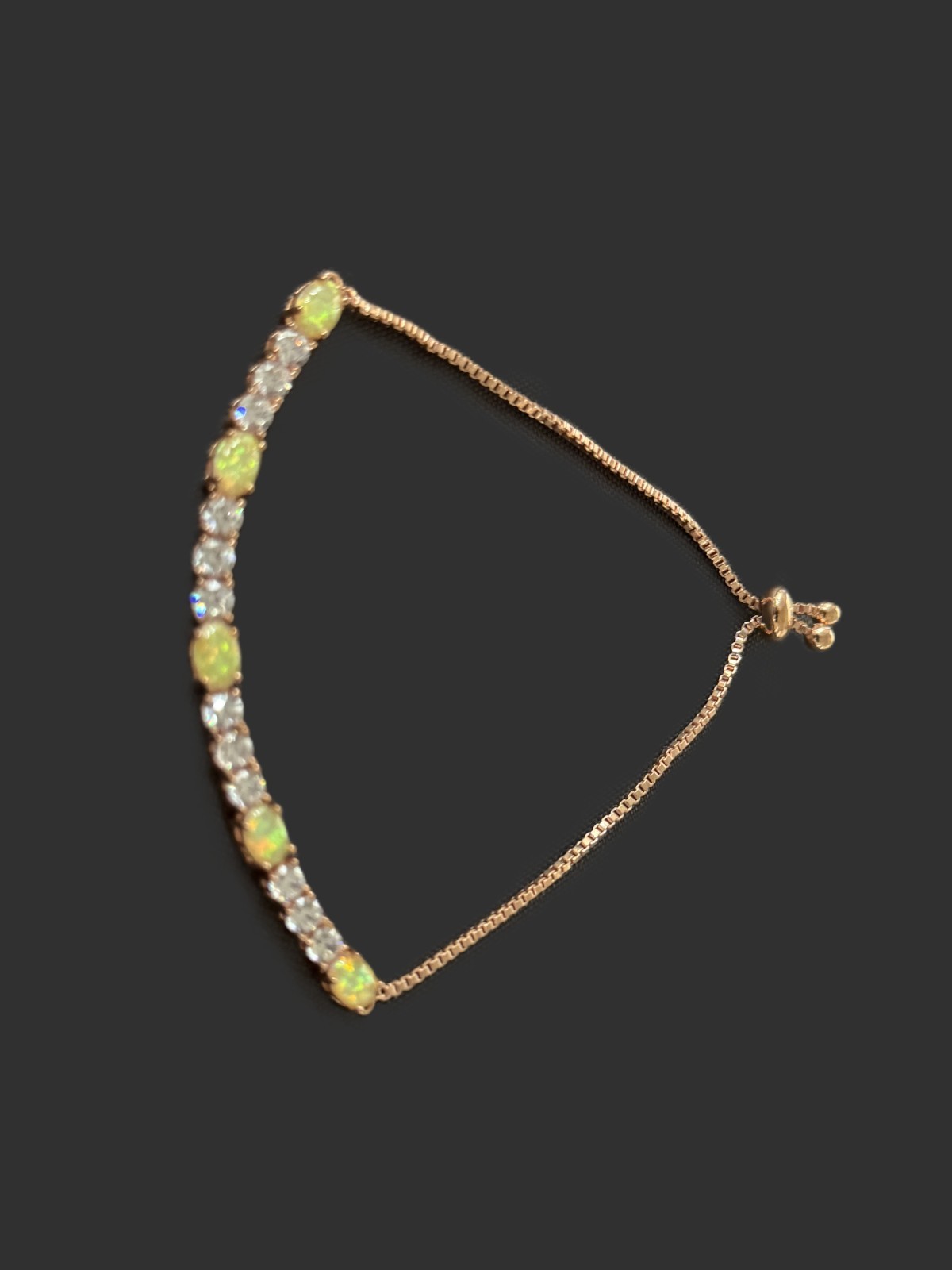 Rose Gold Tone Oval Peridot and White Stone Bolo Bracelet – adjustable