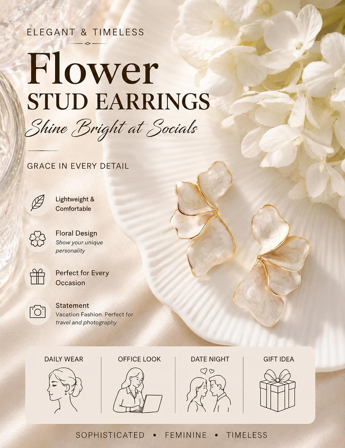 Gold Flower Statement Earrings for Women 14K Gold Plated Dangle Earrings Hypoall