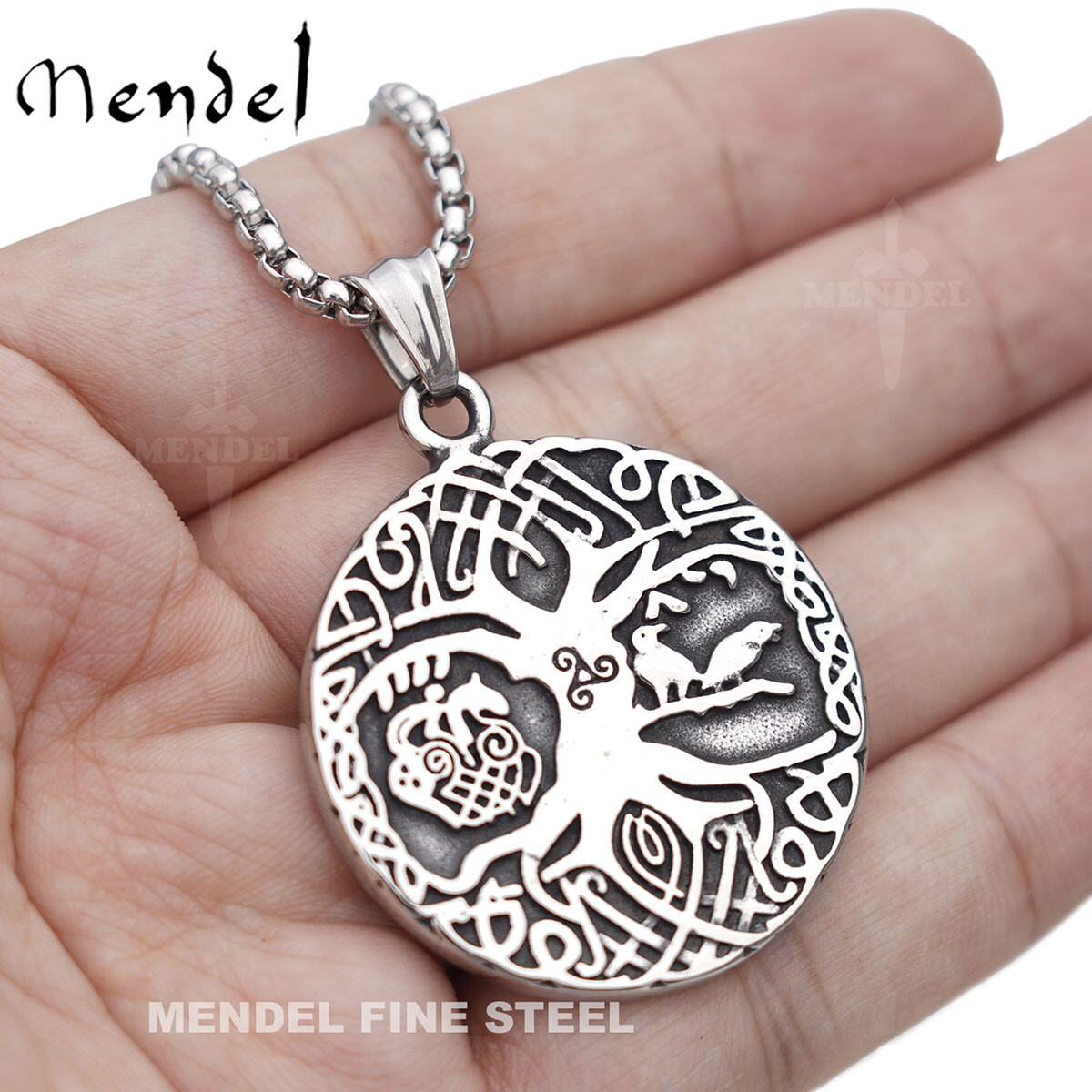 MENDEL Mens Viking Tree Of Life Yggdrasil Raven Pendant Necklace Stainless Steel