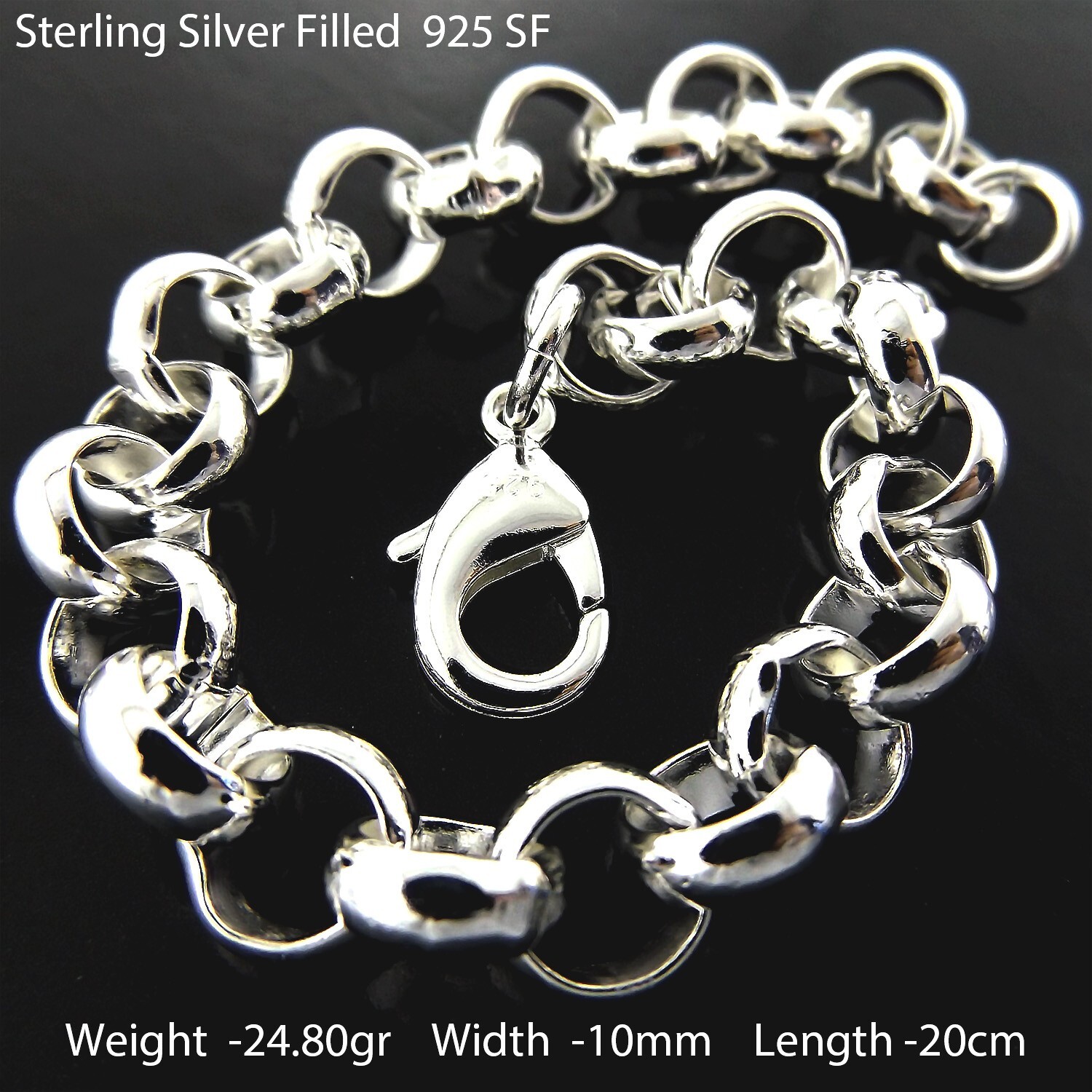 Bracelet Real 925 Sterling Silver Filled Solid 10mm Rolo Belcher Bangle 20cm