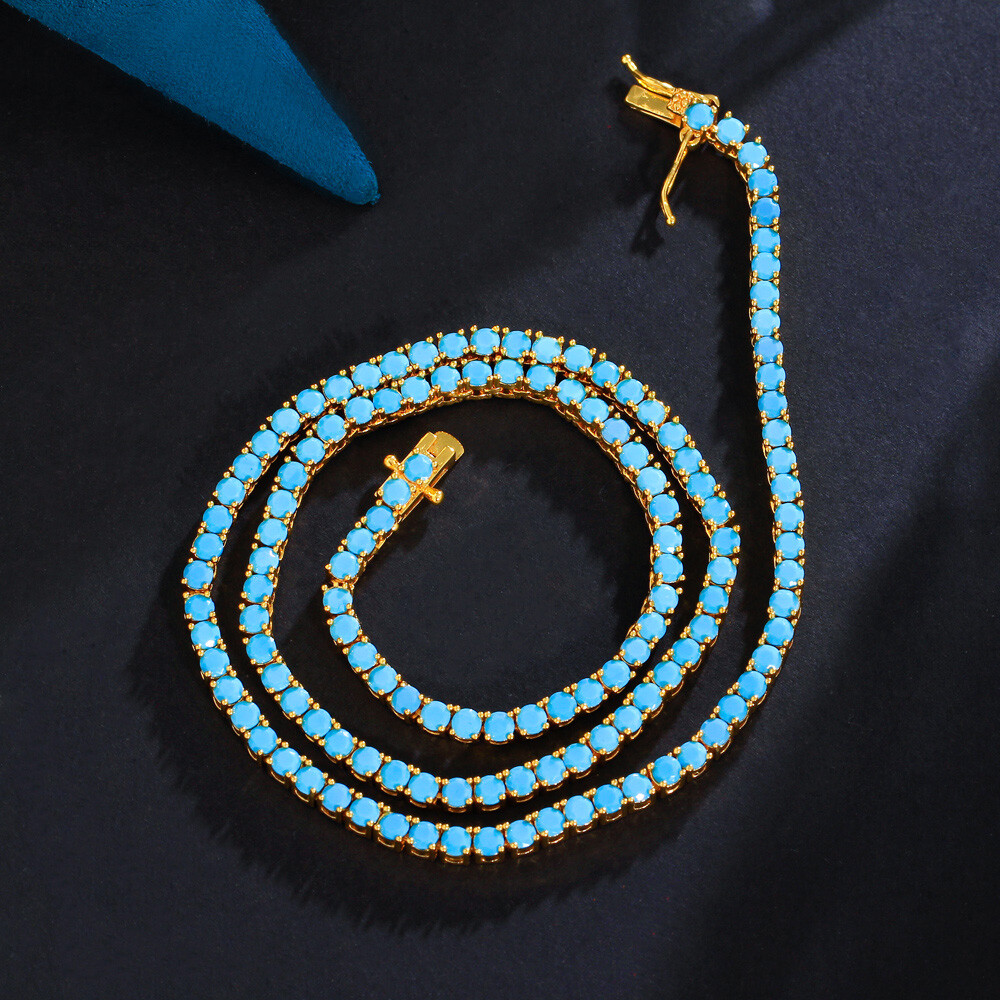 Gold Plated Blue Turquoise Tennis Necklace Cubic Zirconia Women Wedding Jewelry