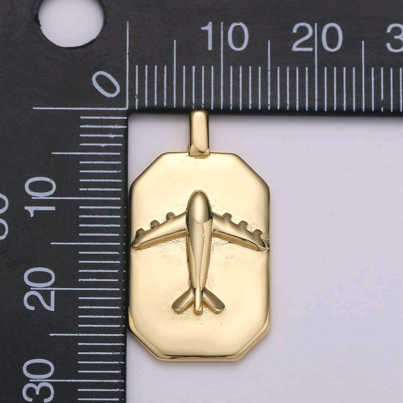 14k Gold Rectangle Medallion Airplane Charm, Dainty Travel Pendant for DIY Neckl