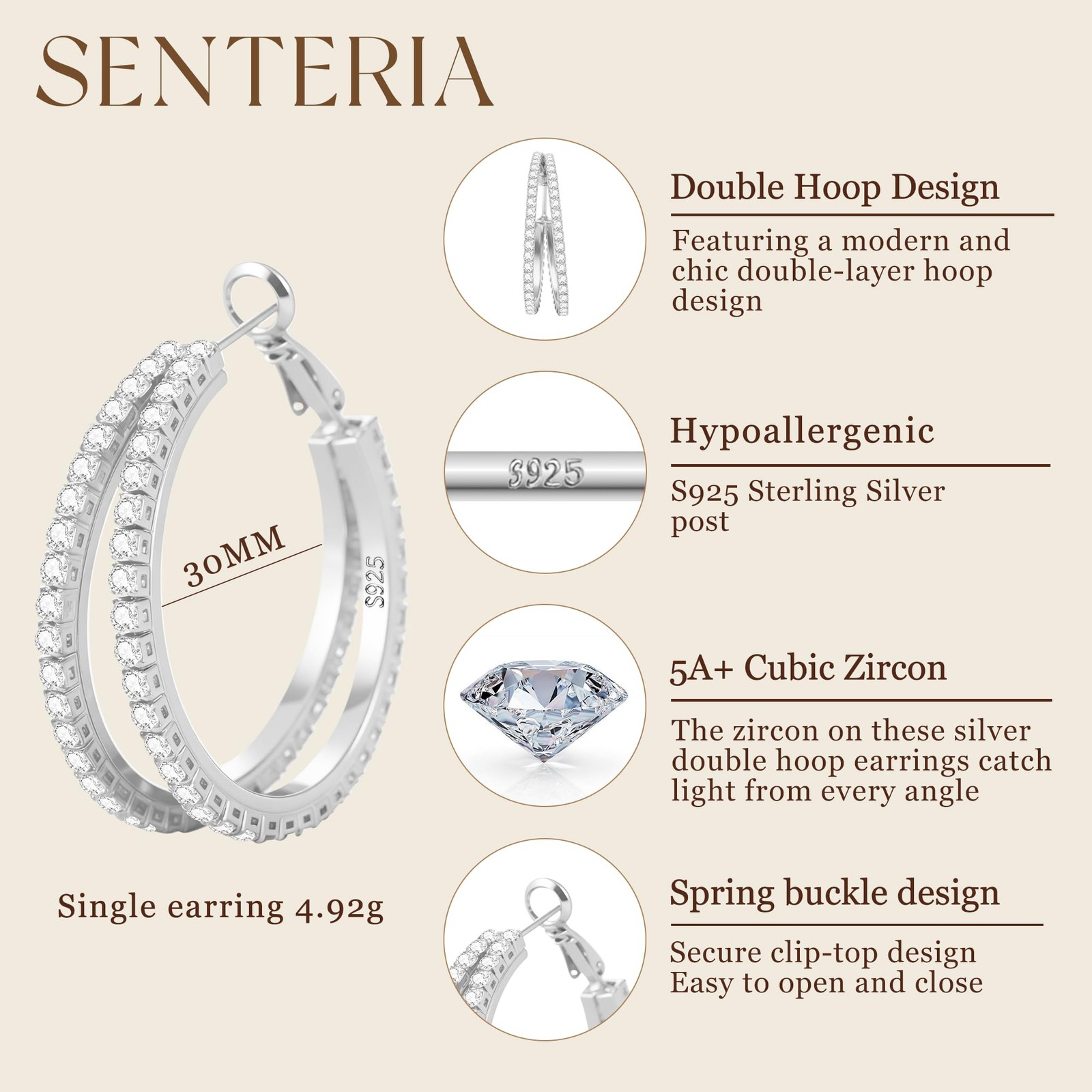 S925 Sterling Silver Hoop Earrings for Women Hypoallergenic Silver Double Hoo…