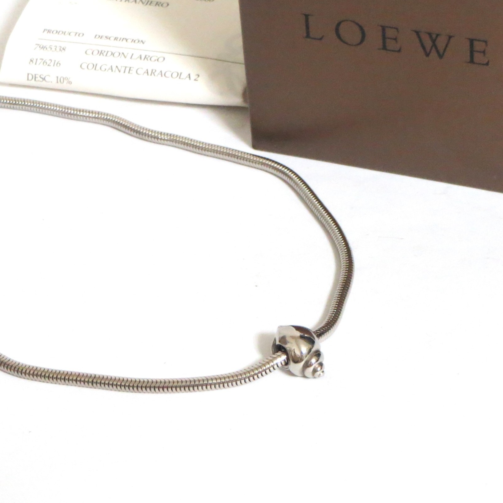 Auth Loewe Shell Charm Pendant Necklace Snake Chain Silvertone 40cm/15.7″ Good i